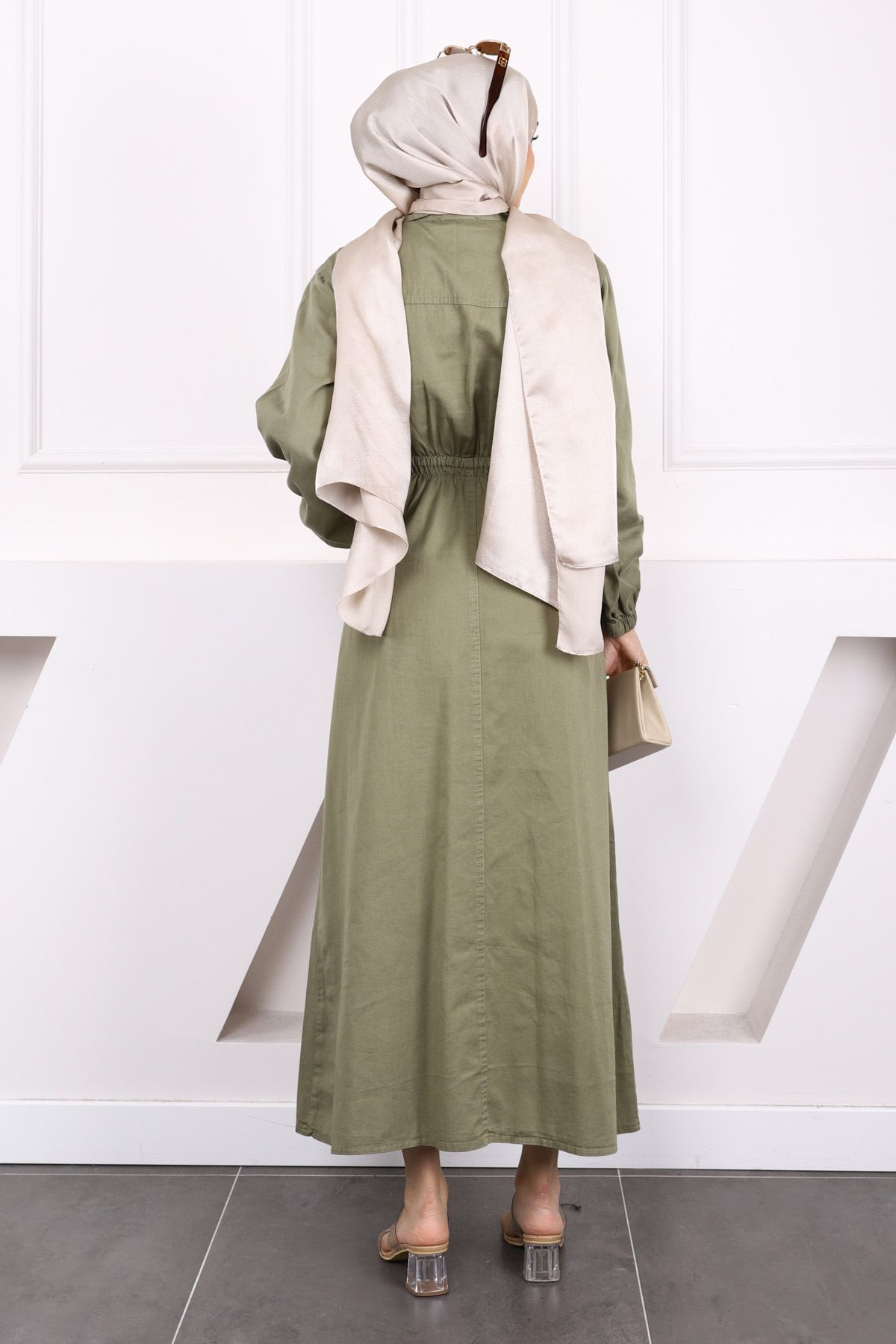 İmajButik-Χακί Φόρεμα Gabardine με ελαστική τσέπη στη μέση 3