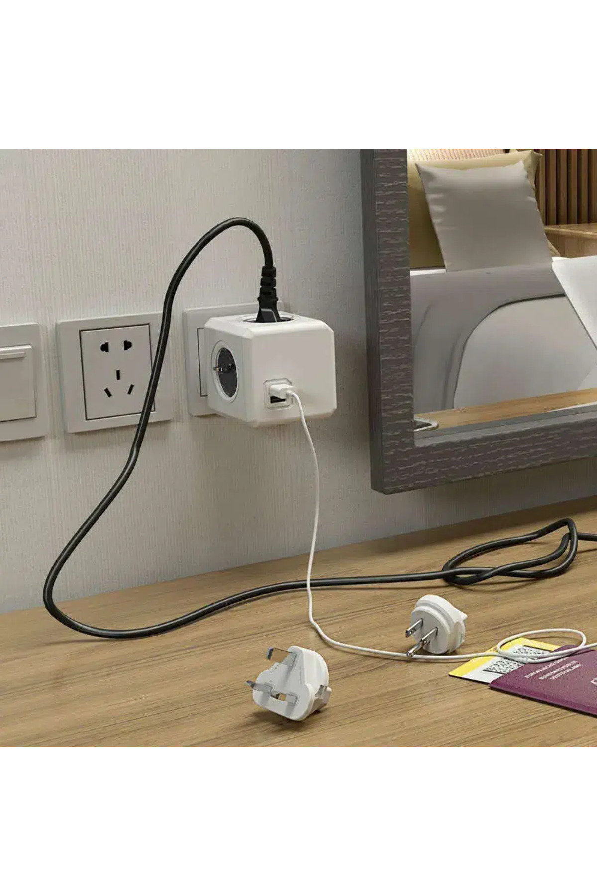 Allocacoc-Prelungitor cubic, Powercube de la Allocacoc, 3 adaptoare, 2xUSB, 4 prize, cablu IEC de 1m, alb/gri 3
