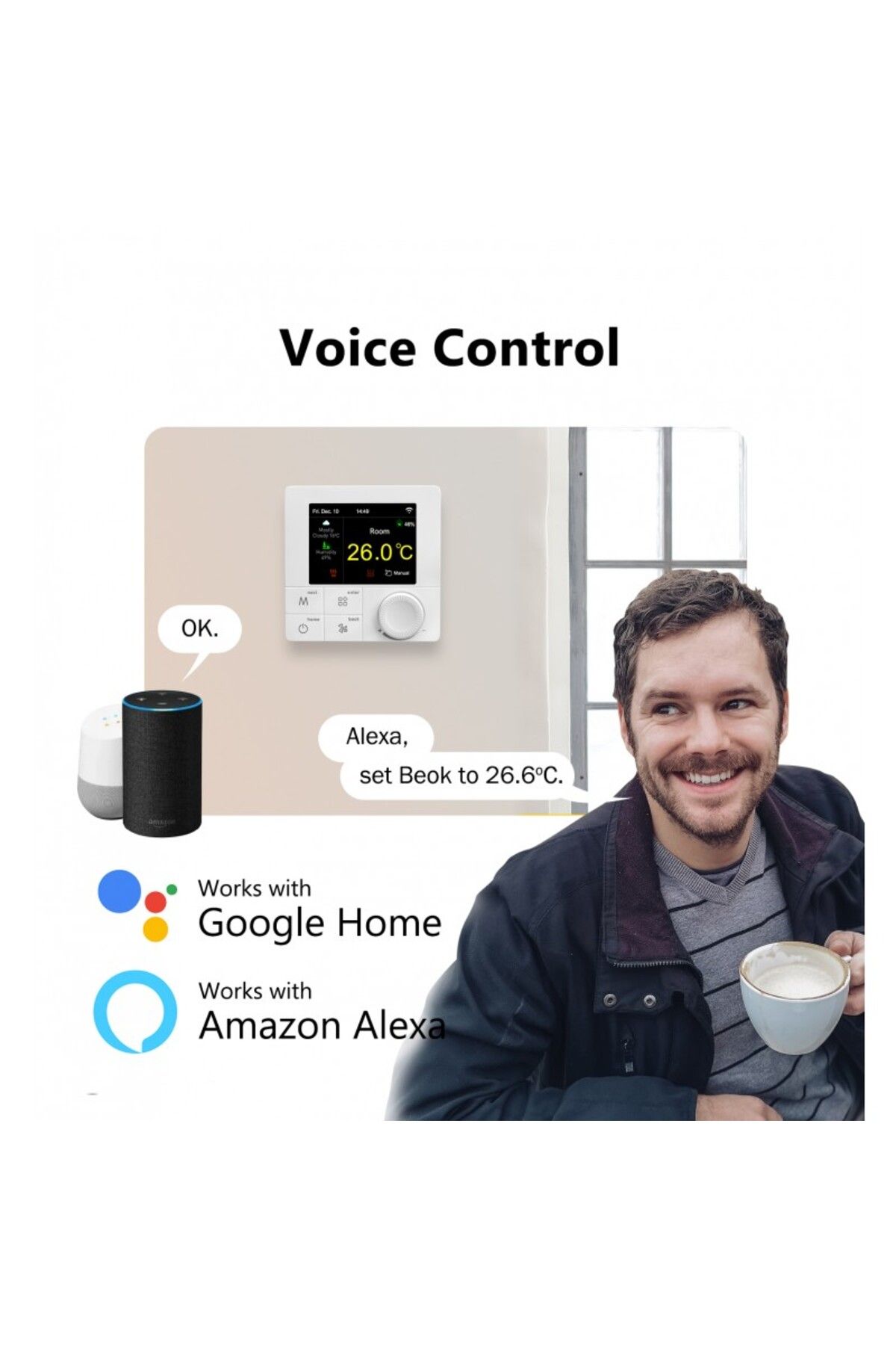BeOk-Termostat digital Wifi, programabil, ecran LCD, control vocal, Android, smartphone iOS, alb 6
