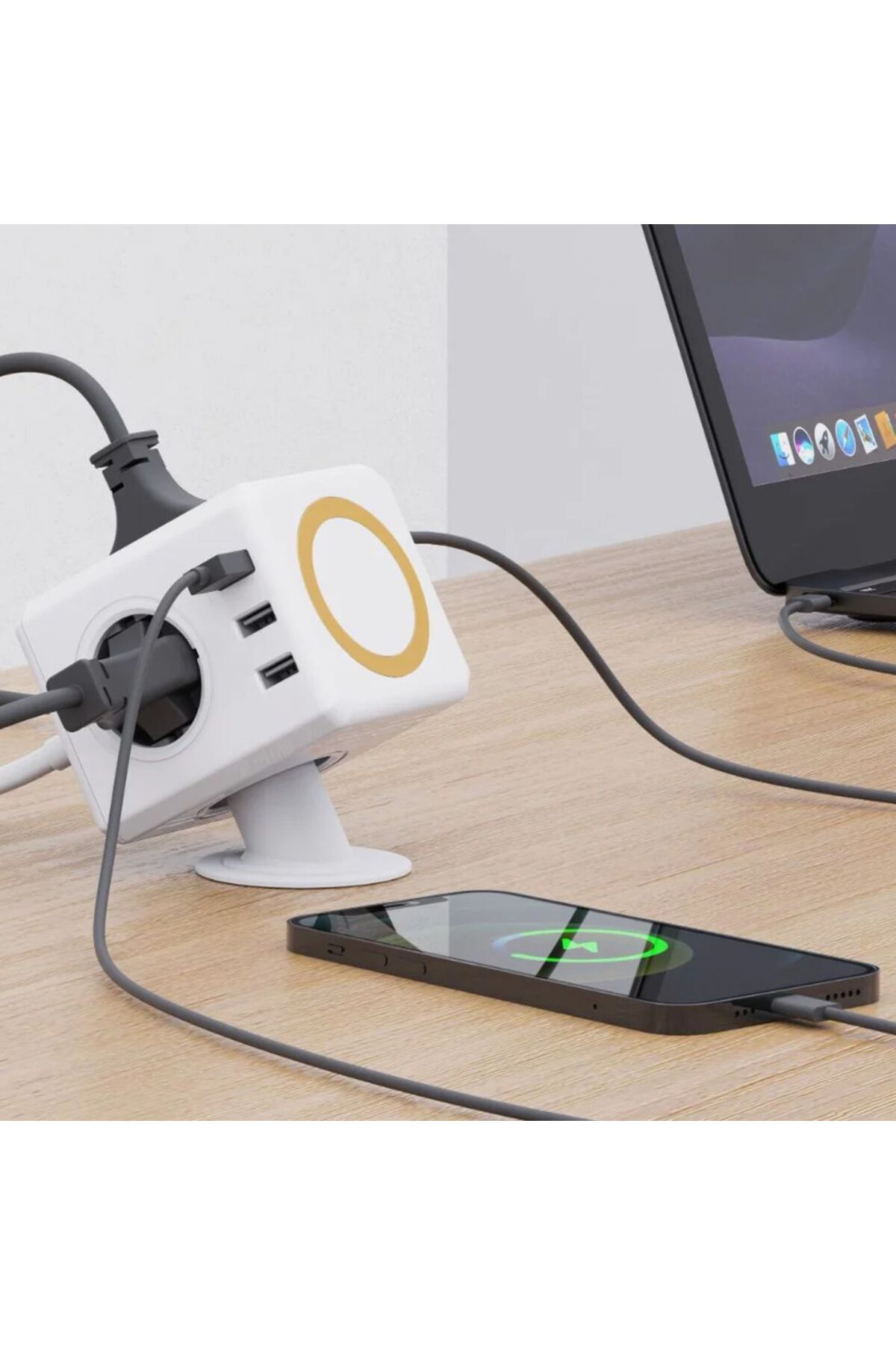 Allocacoc-Cubic extension cord with wireless charging, Powercube, 6xUSB, 3 sockets, 1.5m, white/gray 4