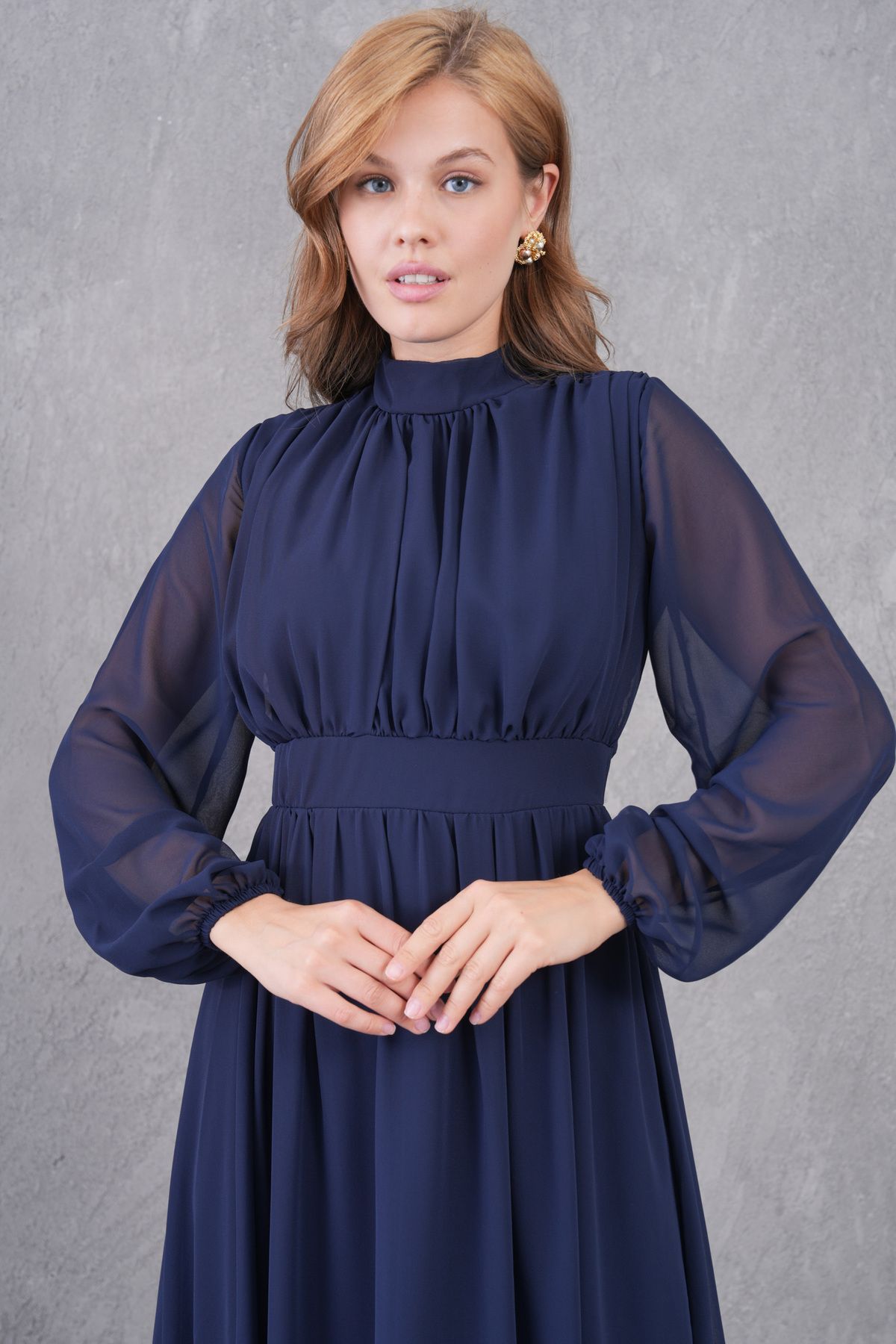 bayansepeti-Rochie midi plisată cu mâneci lungi, cu guler ridicat, căptușită cu țesătură din șifon, albastru bleumarin, 094 5