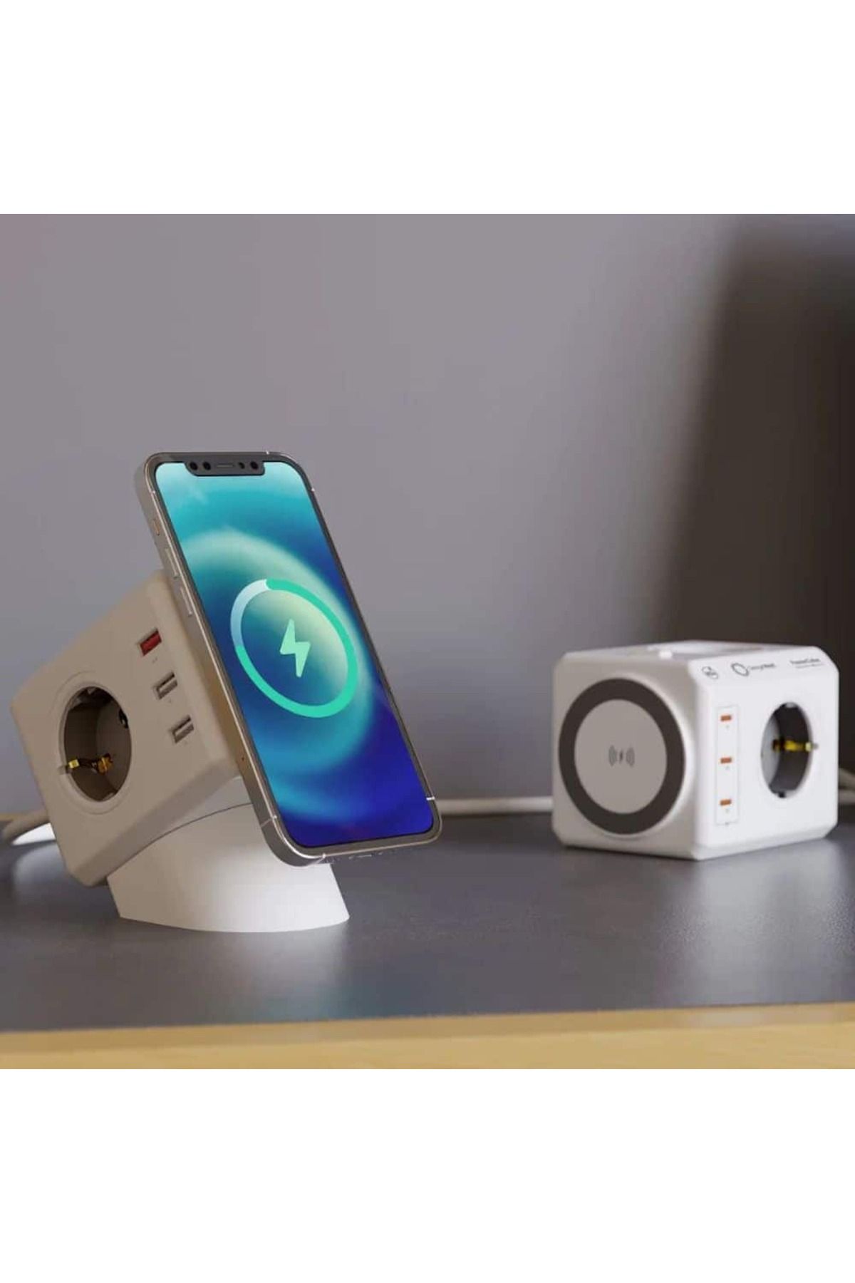 Allocacoc-Cubic extension cord with wireless charging, Powercube, 6xUSB, 3 sockets, 1.5m, white/gray 3