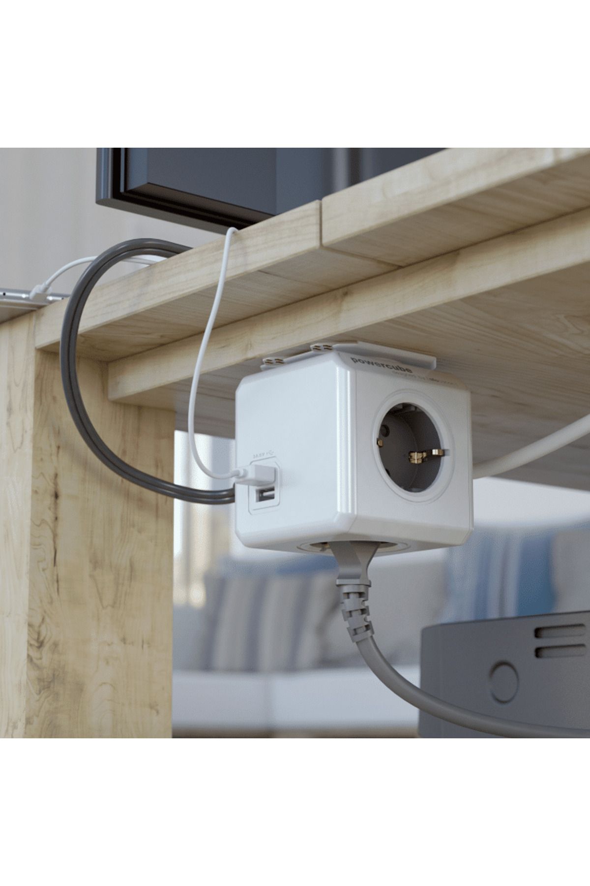 Allocacoc-Prelungitor cubic, Powercube de la Allocacoc, 2xUSB-A, 4 prize, 1.5m, alb/gri 2