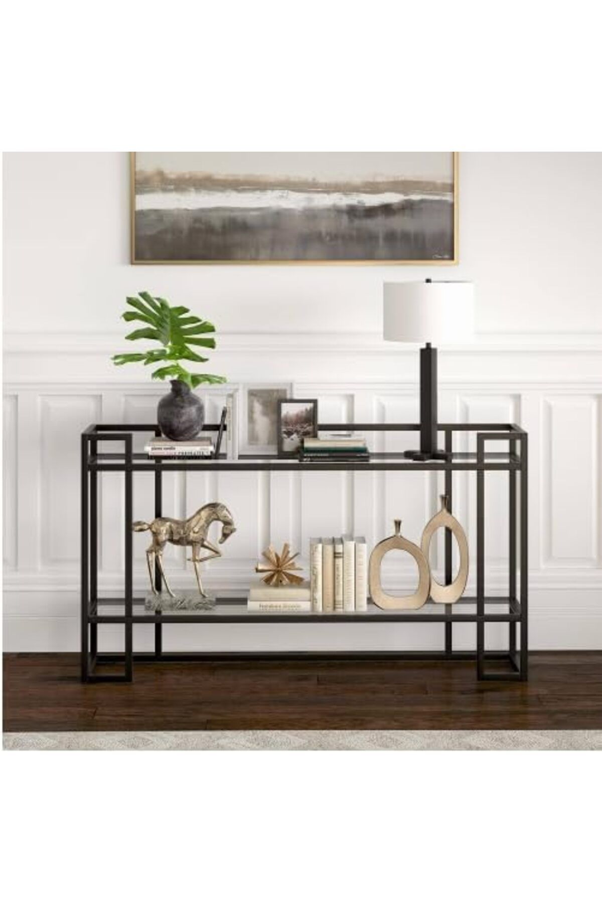 genric-FFD Glass Console Table Metal Console Table with Dual Clear Glass Shelve Entryway Table Narrow 5