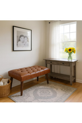 Azra Mobilya Taba Deri Kapitone Bank Bench Oturma Pufu | Modern Salon Antre P...