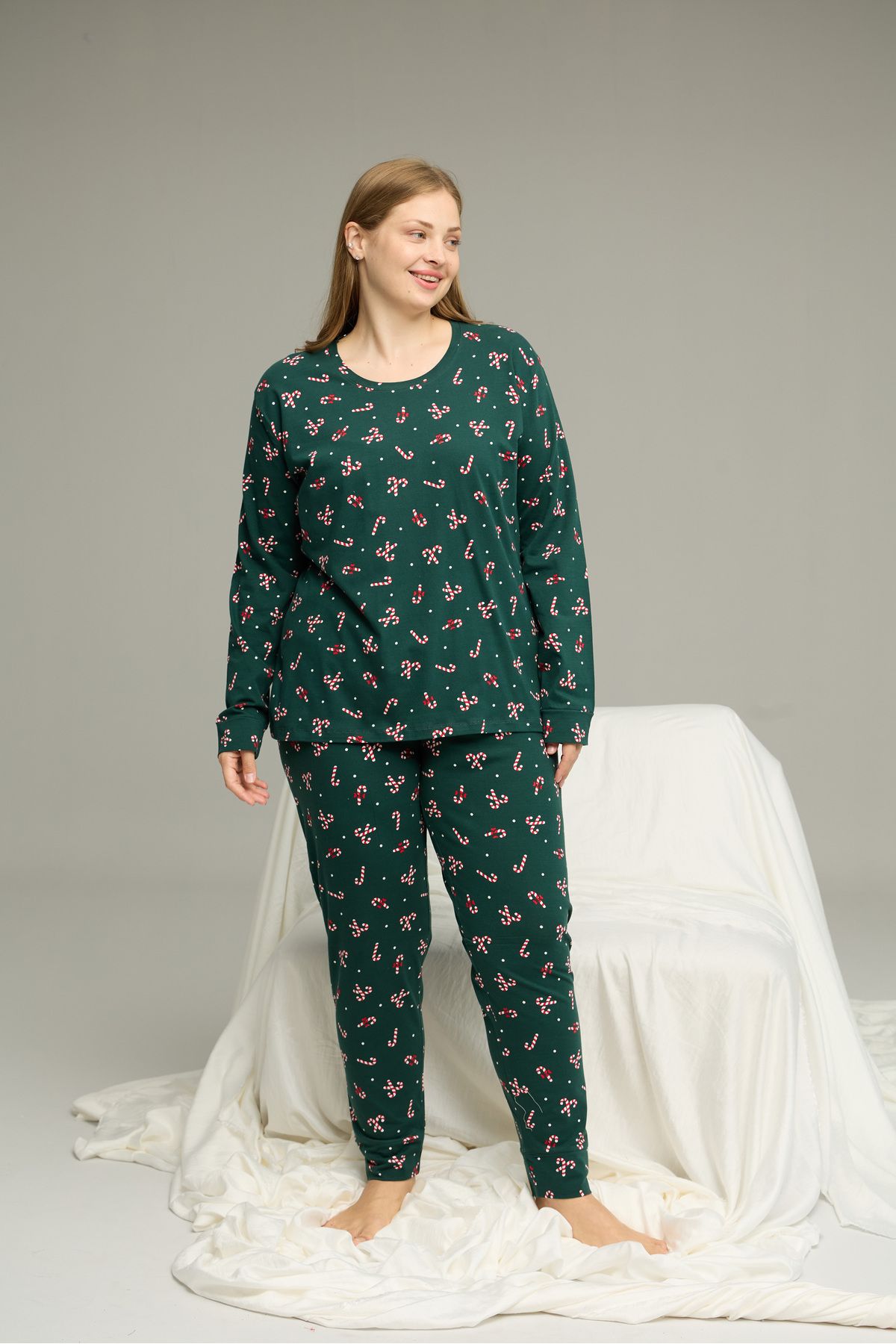Siyah İnci-Green Pattern Curve Large Size Battal Size Cotton Pajamas Suit25240816 2