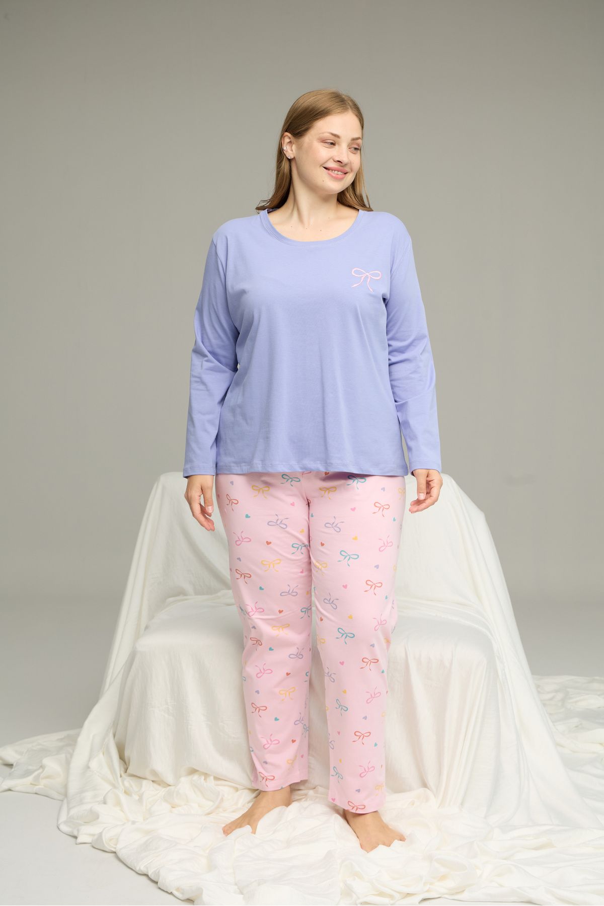 Siyah İnci-Lilac Pattern Curve Large Size Battal Size Cotton Pajamas Suit25240851 2