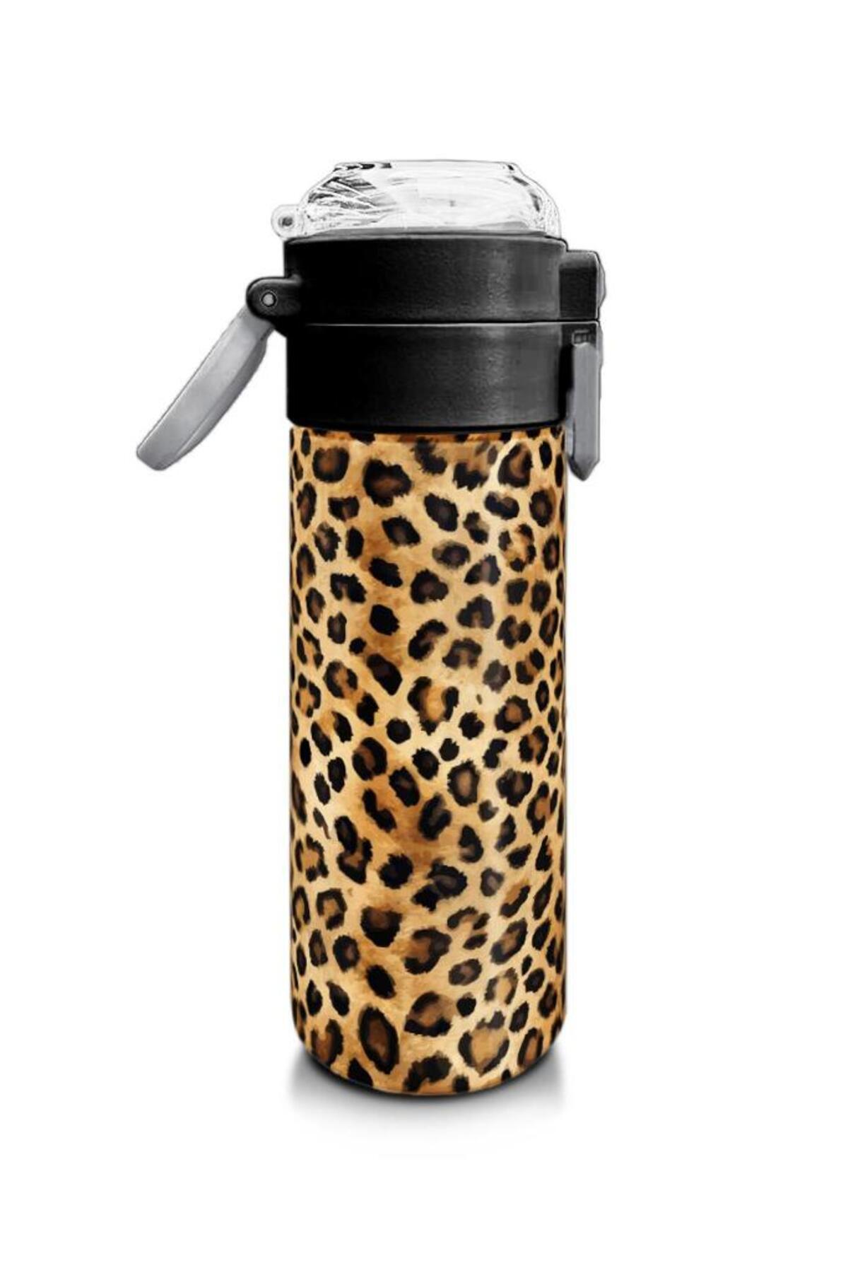 Kids Kahverengi Leopar Desenli Pipetli ve Direkt İçim Çelik Termos 500 ml 31881