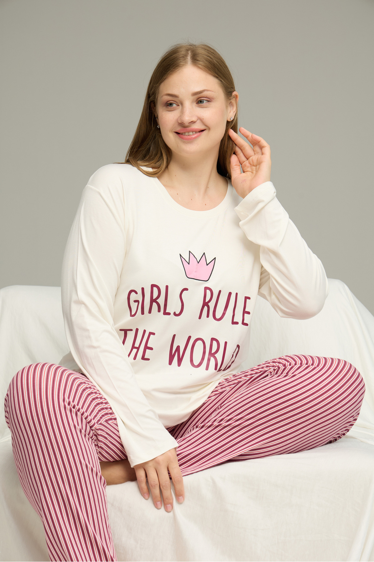 Siyah İnci-Ecru Patterned Curve Large Size Oversized Oversized Cotton Pajamas Set25240821 1