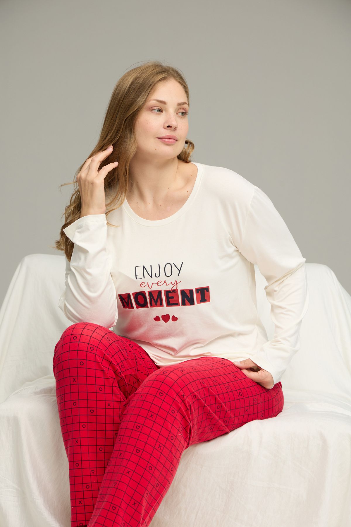Siyah İnci-Ecru Patterned Curve Large Size Oversized Cotton Pajama Set25240791 1