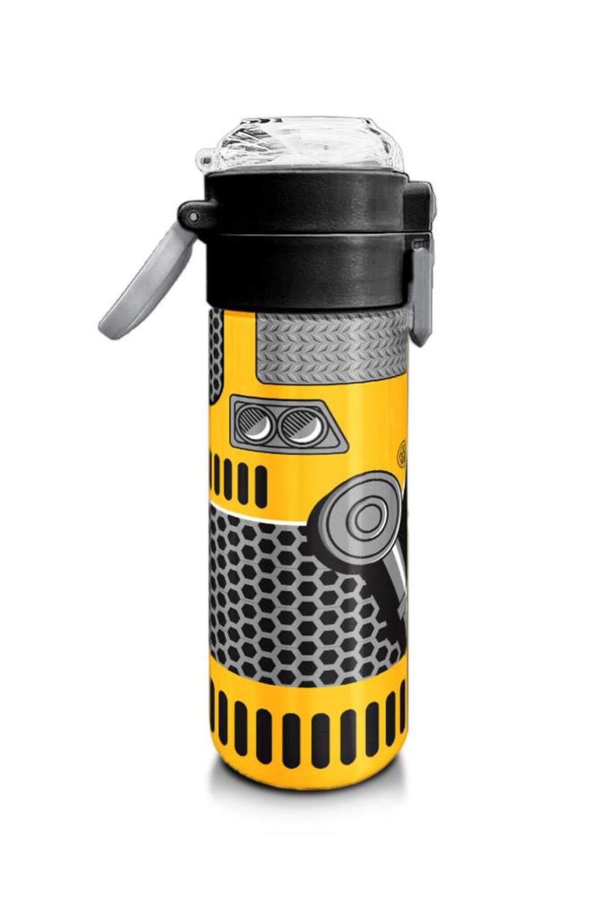 Kids Sarı Siyah Robot Desenli Pipetli ve Direkt İçim Çelik Termos 500 ml 31862
