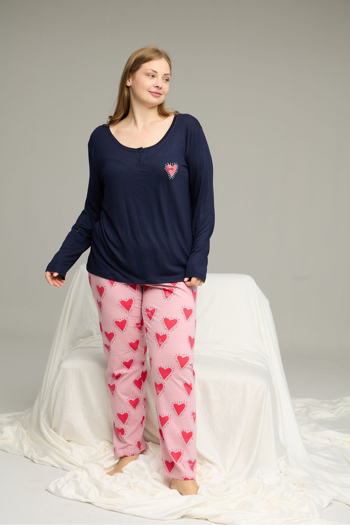 Siyah İnci-Navy Blue Patterned Curve Large Size Battal Size Cotton Pajamas Suit25240767 2
