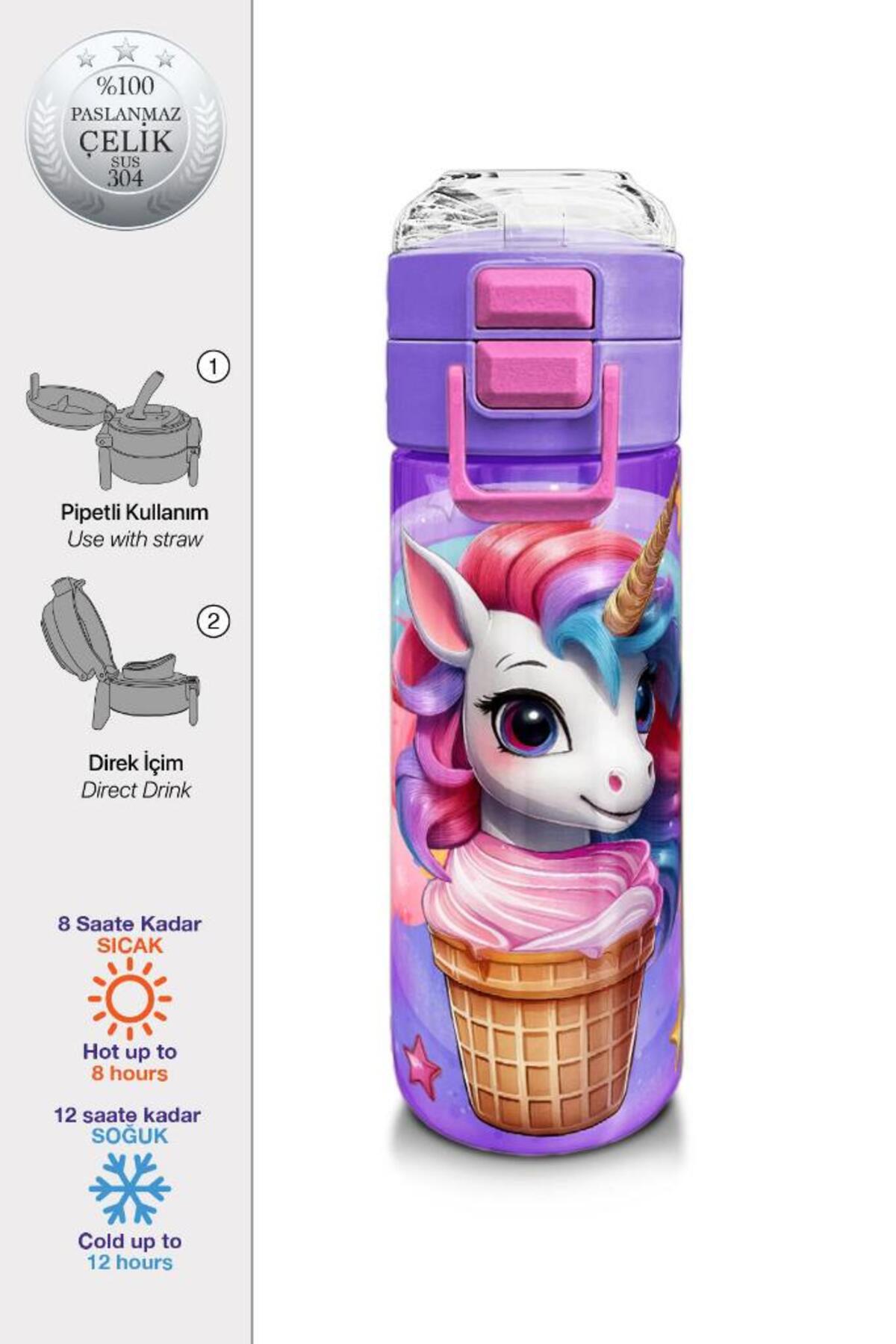 Kids Mor Pembe Unicorn Dondurma Desenli Pipetli ve Direkt İçim Çelik Termos 500 ml 31859