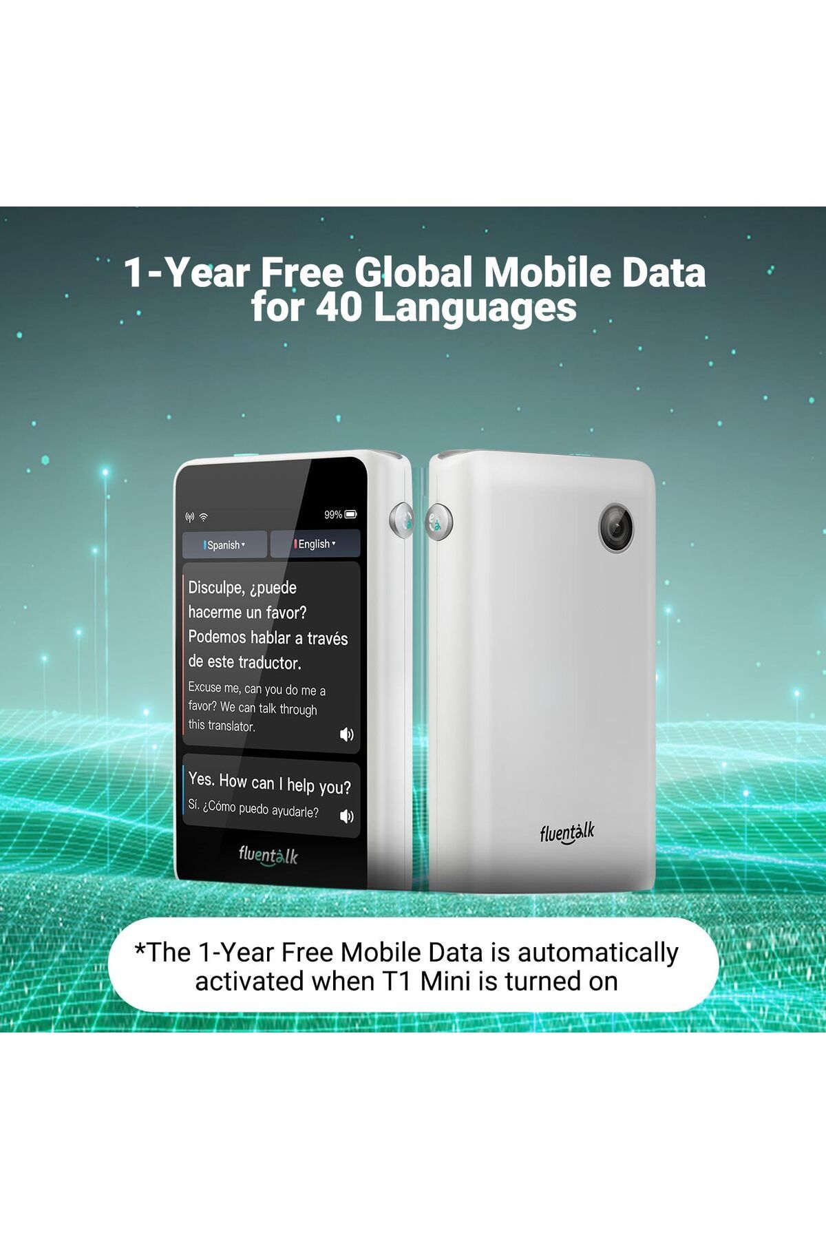 Fluentalk-جهاز الترجمة الفورية Timekettle T1 Mini مع بيانات عالمية لمدة عام واحد (أبيض) 3