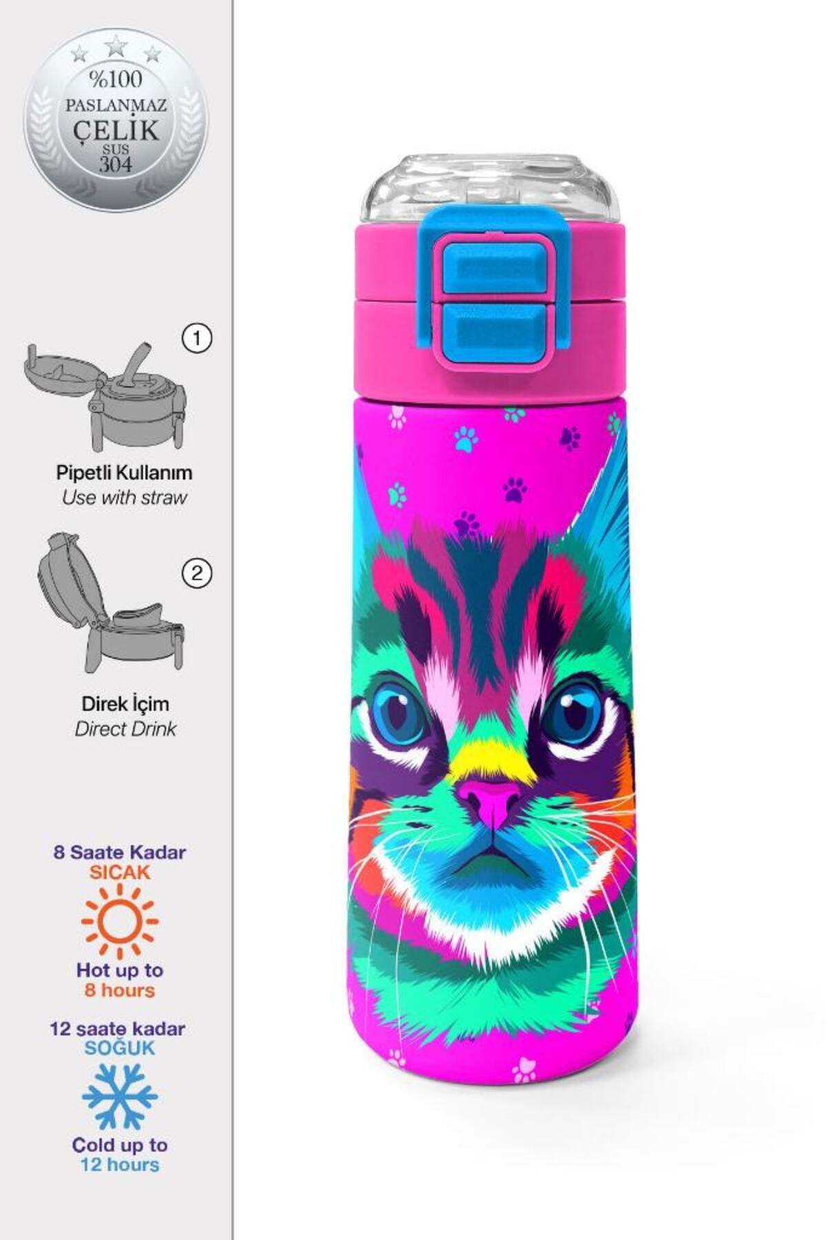 Kids Mor Pembe Kedi Desenli Pipetli ve Direkt İçim Çelik Termos 500 ml 31800