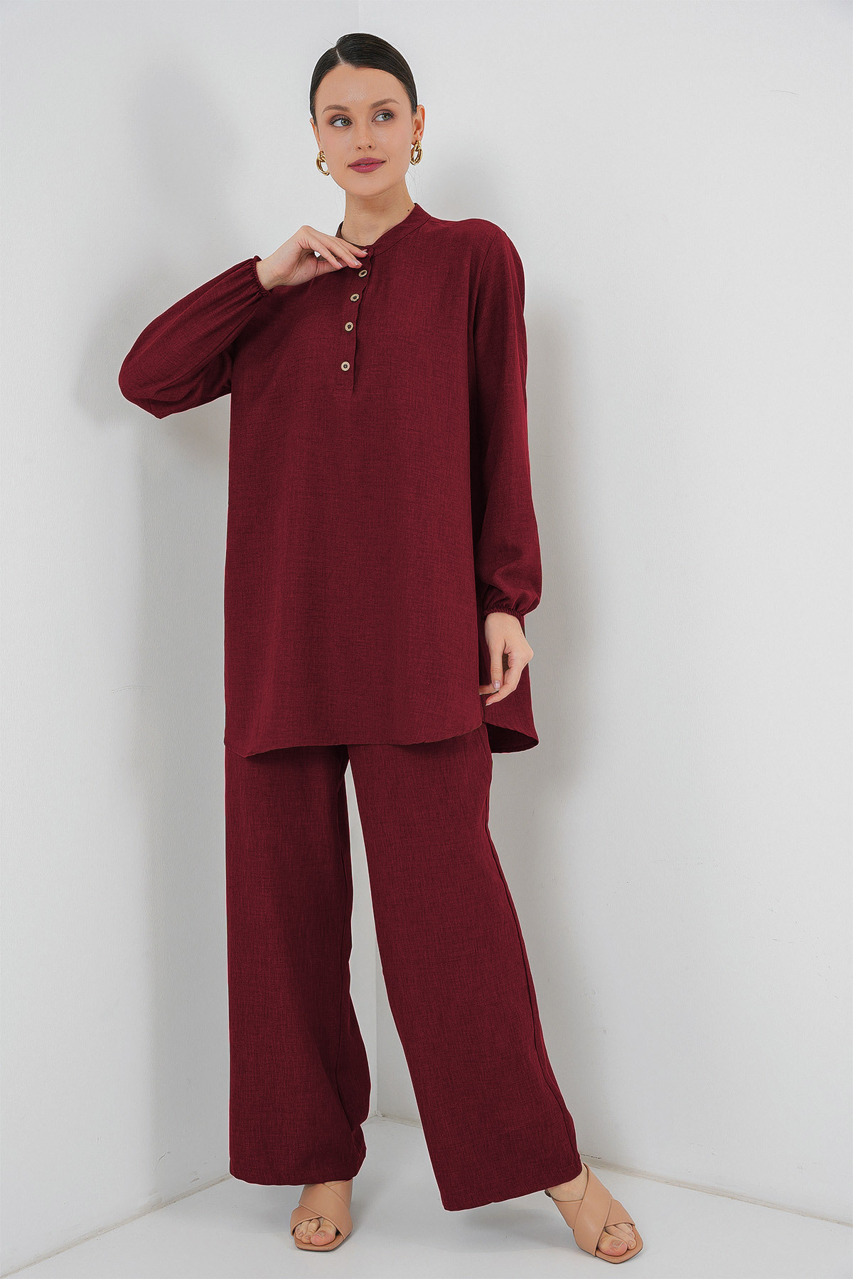 Bigdart-6678 Linen Tunic Trousers Double Set - Claret Red 1
