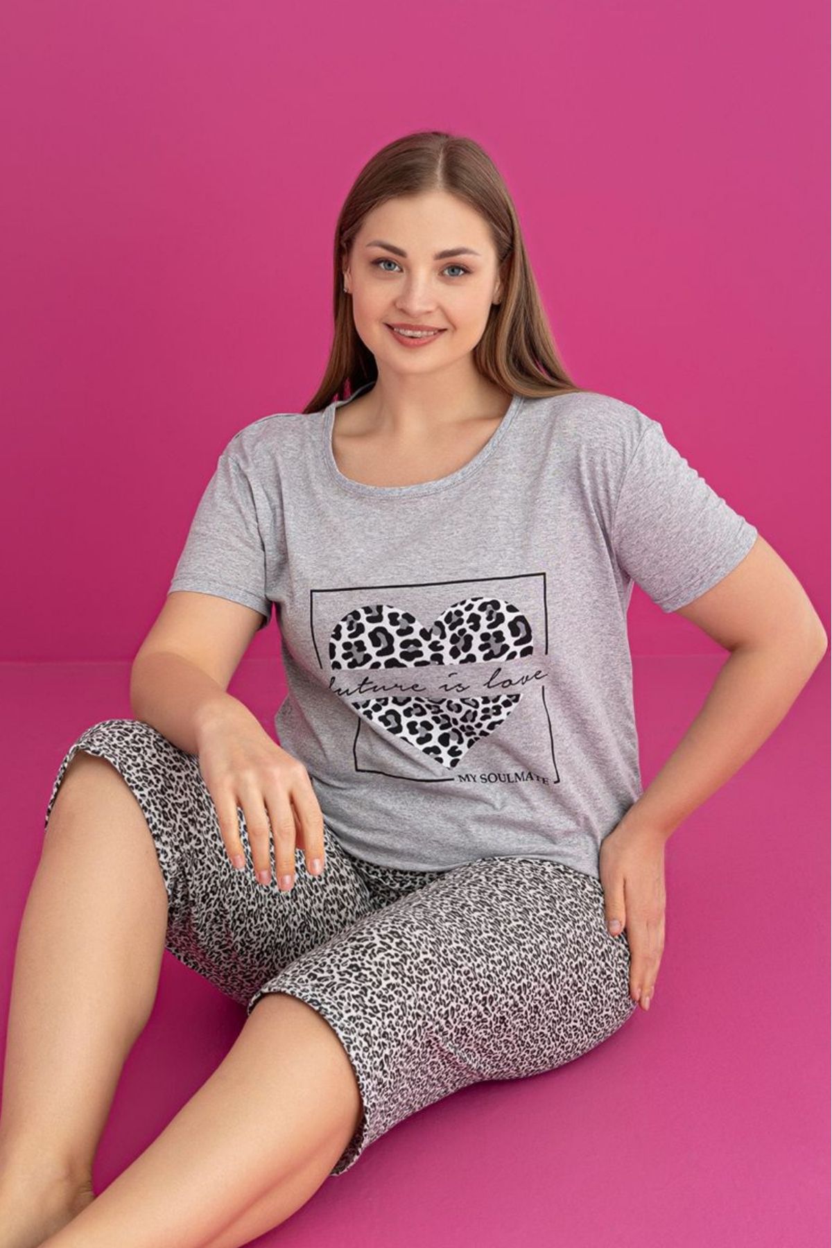 Farya Home-Plus Size Cotton Patterned Short Sleeve Bermuda Capri Suit 1