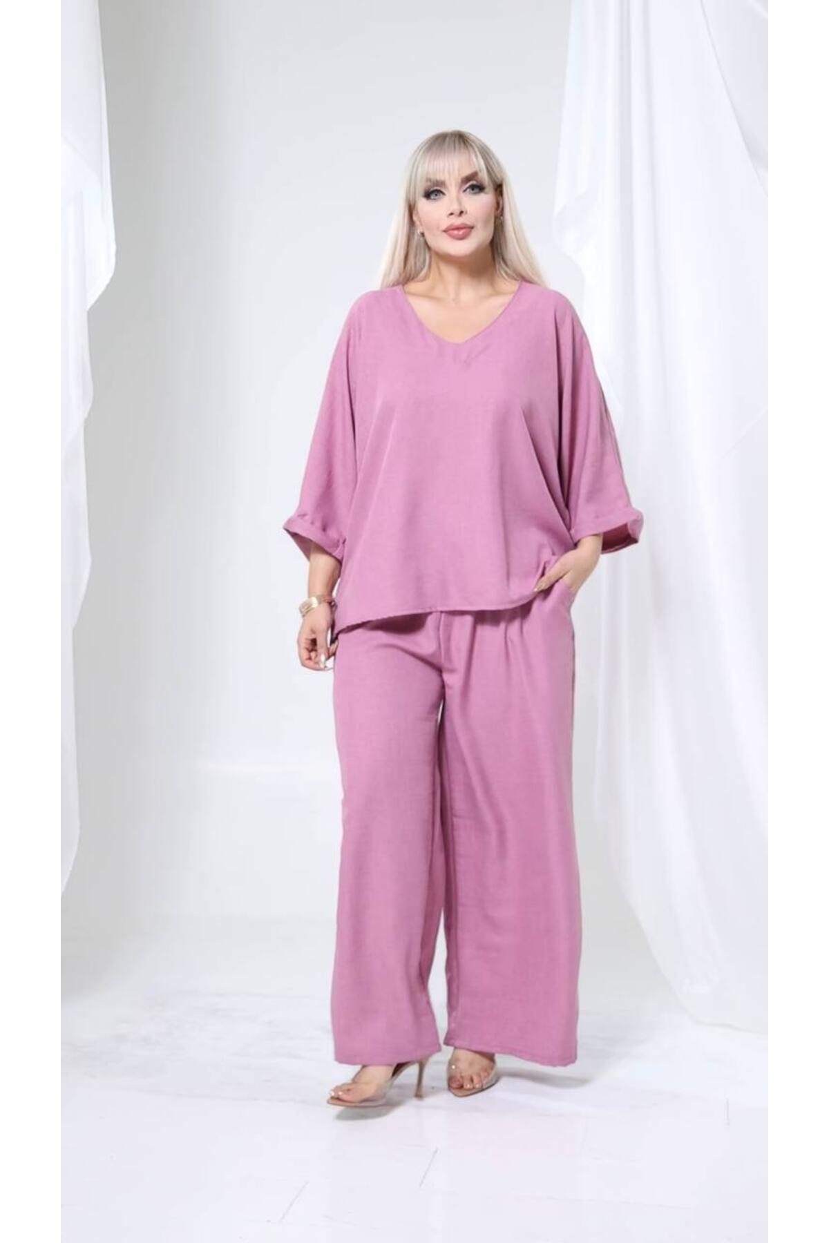 garajmood-Plum Linen Fabric Wide Comfortable Fit V-Neck Bottom Top Set 6