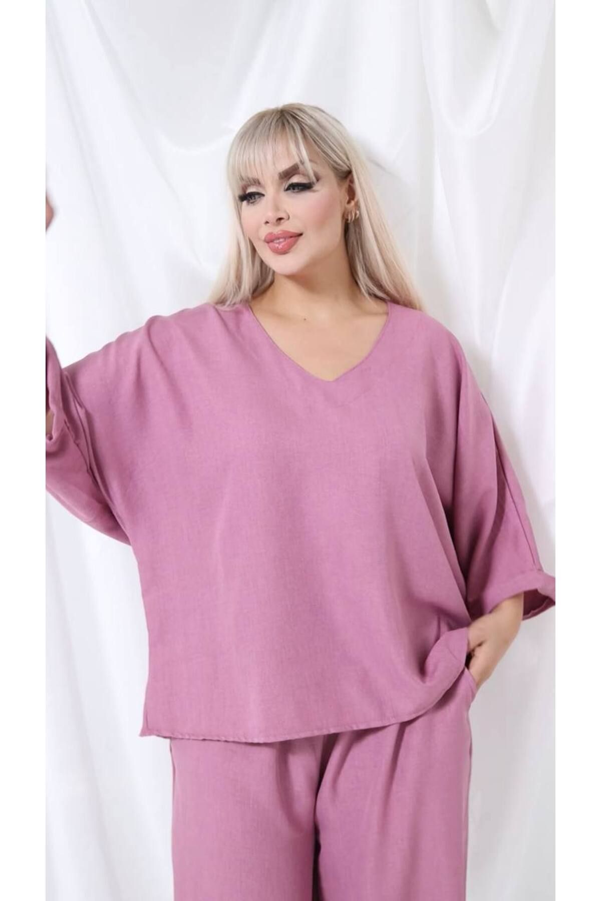garajmood-Plum Linen Fabric Wide Comfortable Fit V-Neck Bottom Top Set 2