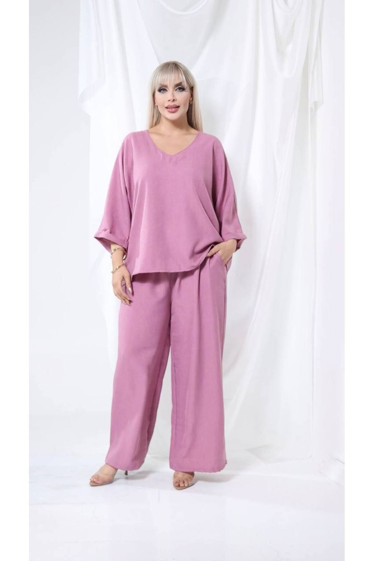 garajmood-Plum Linen Fabric Wide Comfortable Fit V-Neck Bottom Top Set 1