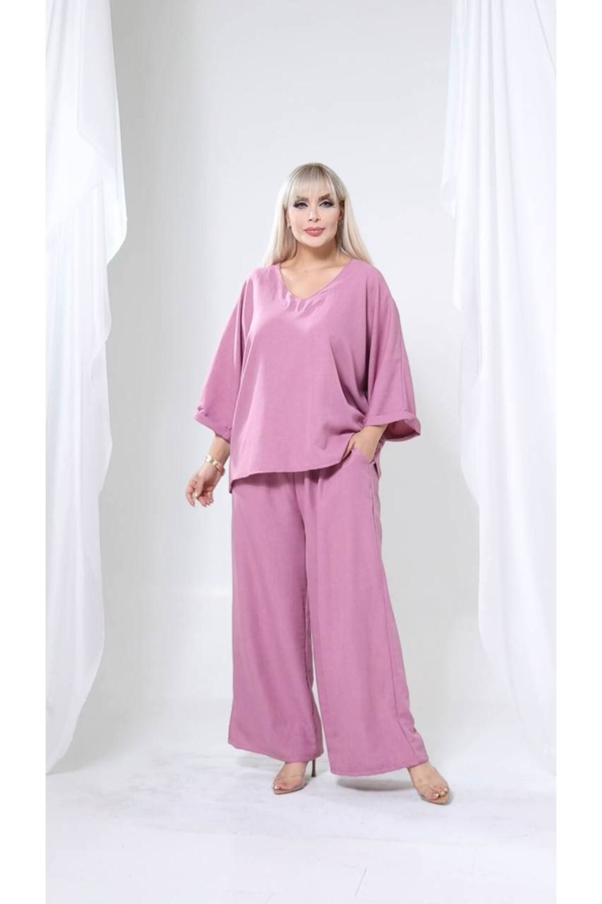 garajmood-Plum Linen Fabric Wide Comfortable Fit V-Neck Bottom Top Set 3