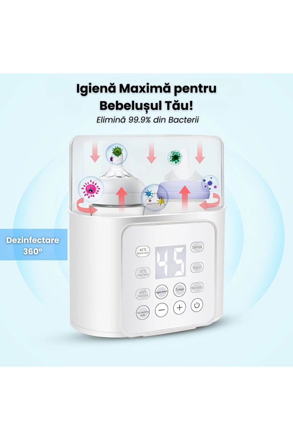 D&K WONDER-Incalzitor & Sterilizator Biberoane 6-în-1, Display Digital, 2 Biberoane, 100°C/45°C 9