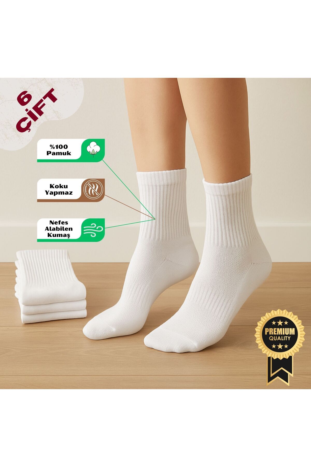 Butik 6 Çift %100 Pamuk Fitilli Beyaz Tenis Çorap Unisex Soket Boy