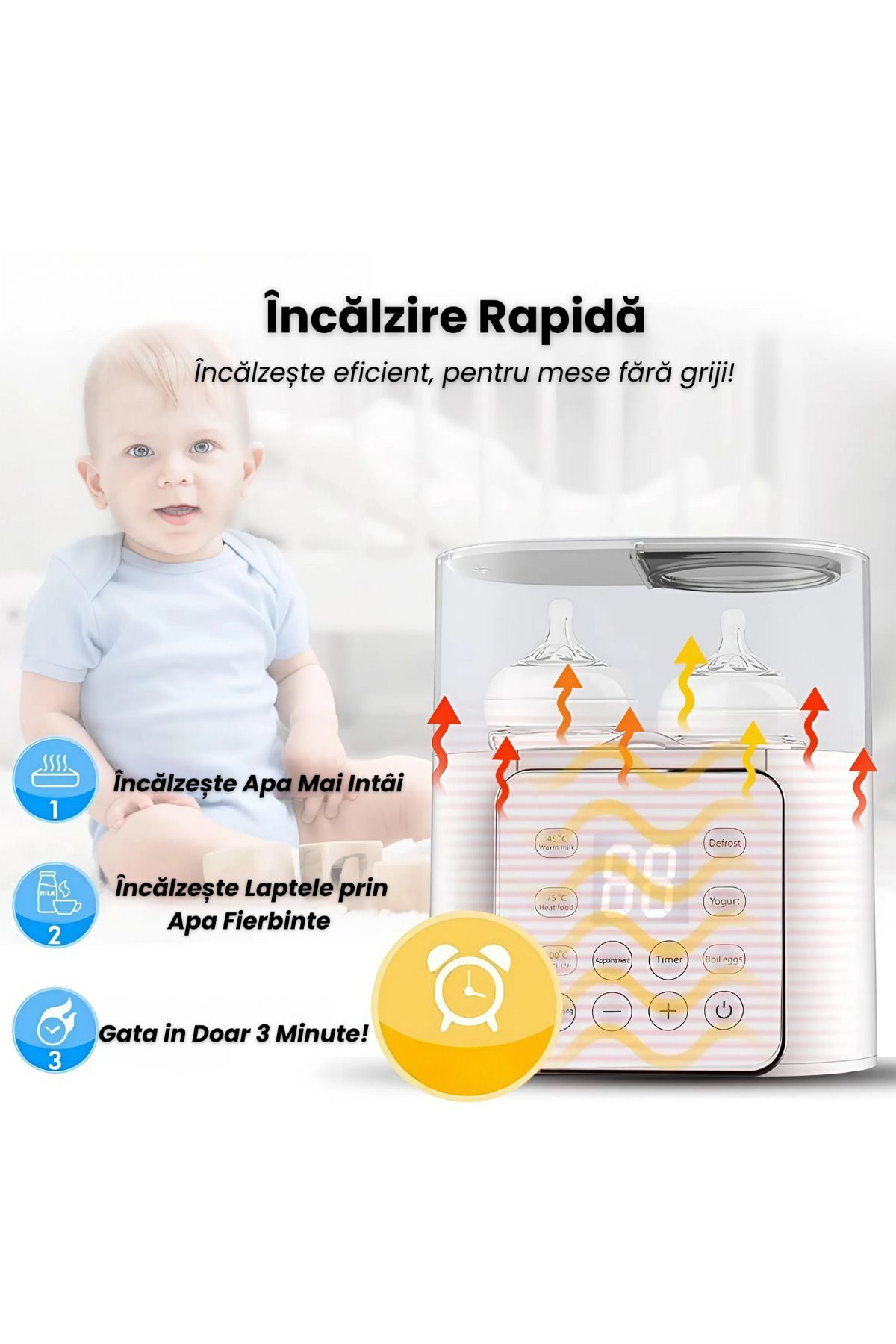D&K WONDER-Incalzitor & Sterilizator Biberoane 6-în-1, Display Digital, 2 Biberoane, 100°C/45°C 6
