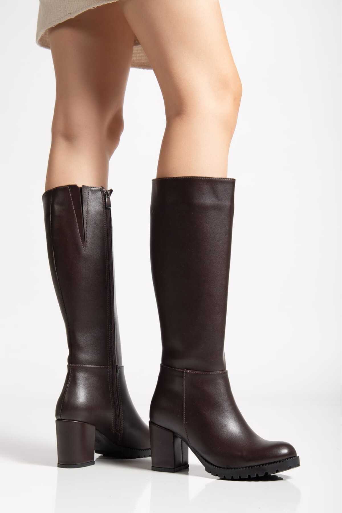 Women's Brown Heel Boots with Oval Toe Side Zipper Leather Look 7cm Heel zy-08