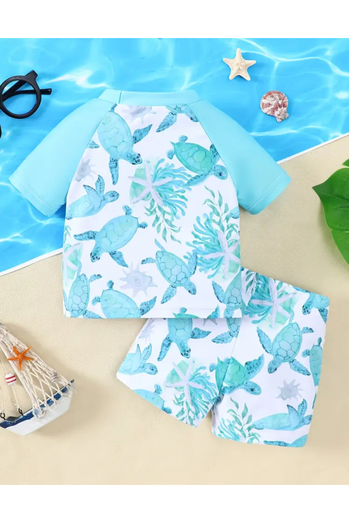MODA Erkek Çocuk Deniz Kaplumbağası Desenli Kısa Kollu Mayo Takımı – Turkuaz Beyaz Yazlık Plaj Takımı fotoğrafı 2 (önizleme)