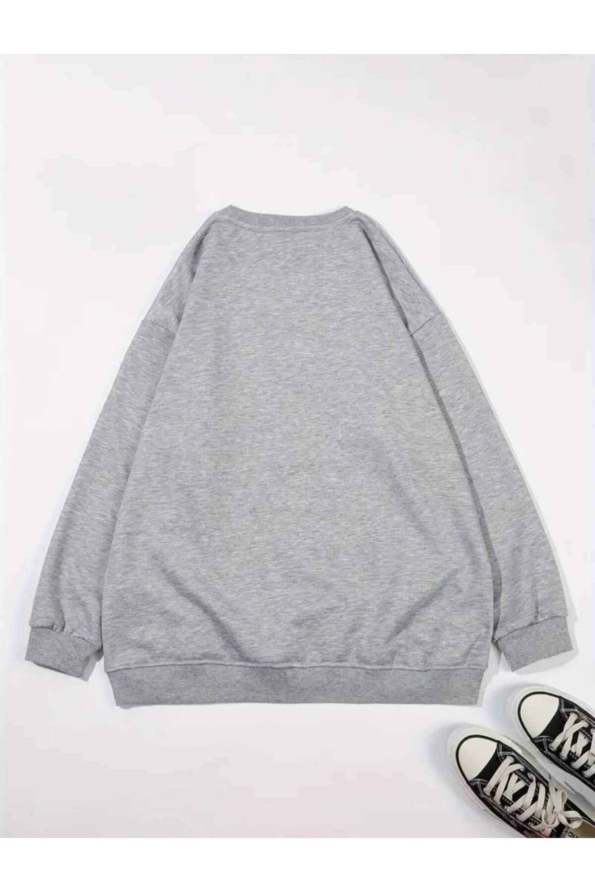 caddekombin  Wildflower Baskılı Bisisklet Yaka Gri Sweatshirt - Görsel 2