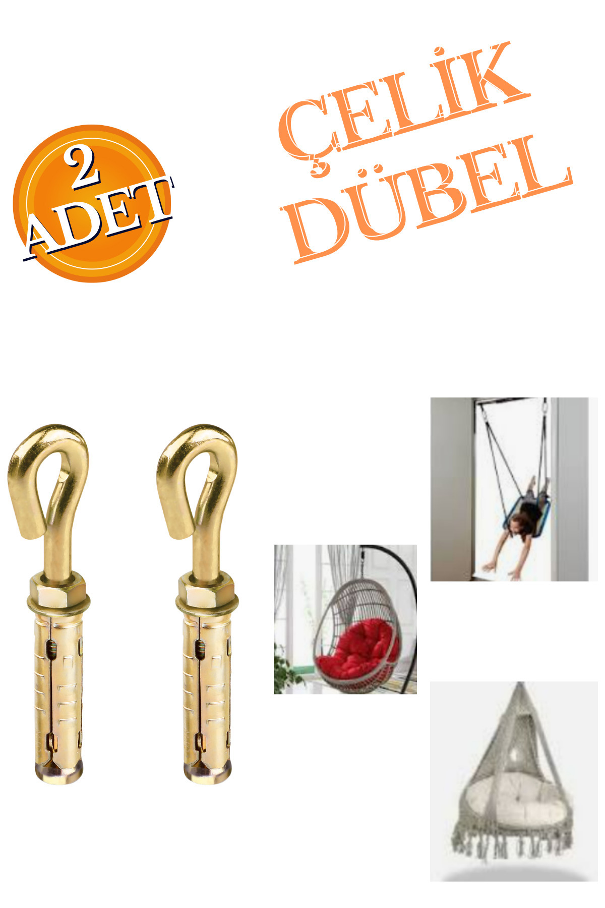 HOBİDABİ M10 Çelik Dübel 2'li Salıncak Box Torbası Hamak Tavan Asma Aparatı Salıncağı Karabina Kanca Takımı