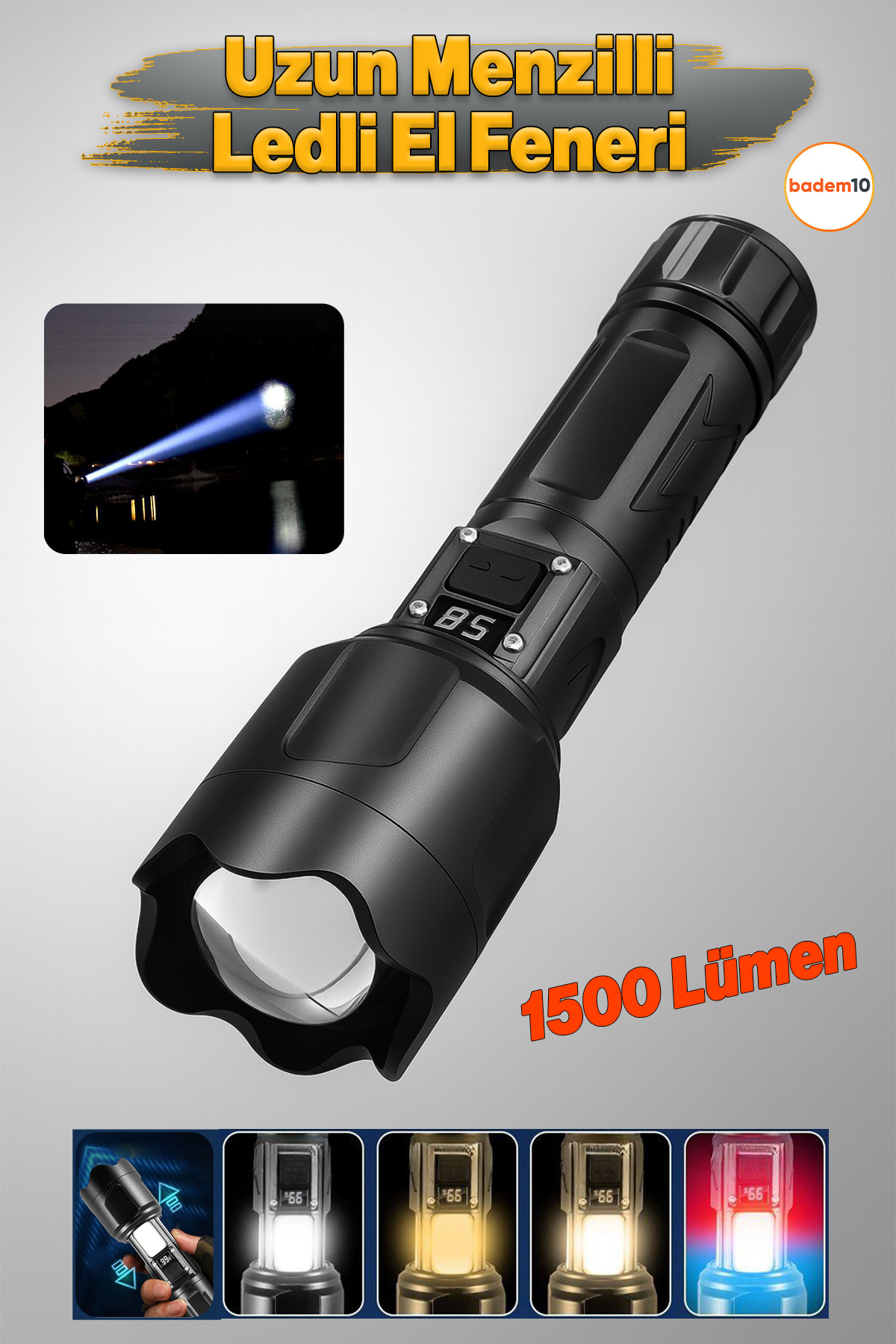 Badem10 El Feneri 1500 Lümen Uzun Menzil Usb Şarjlı Powerbank