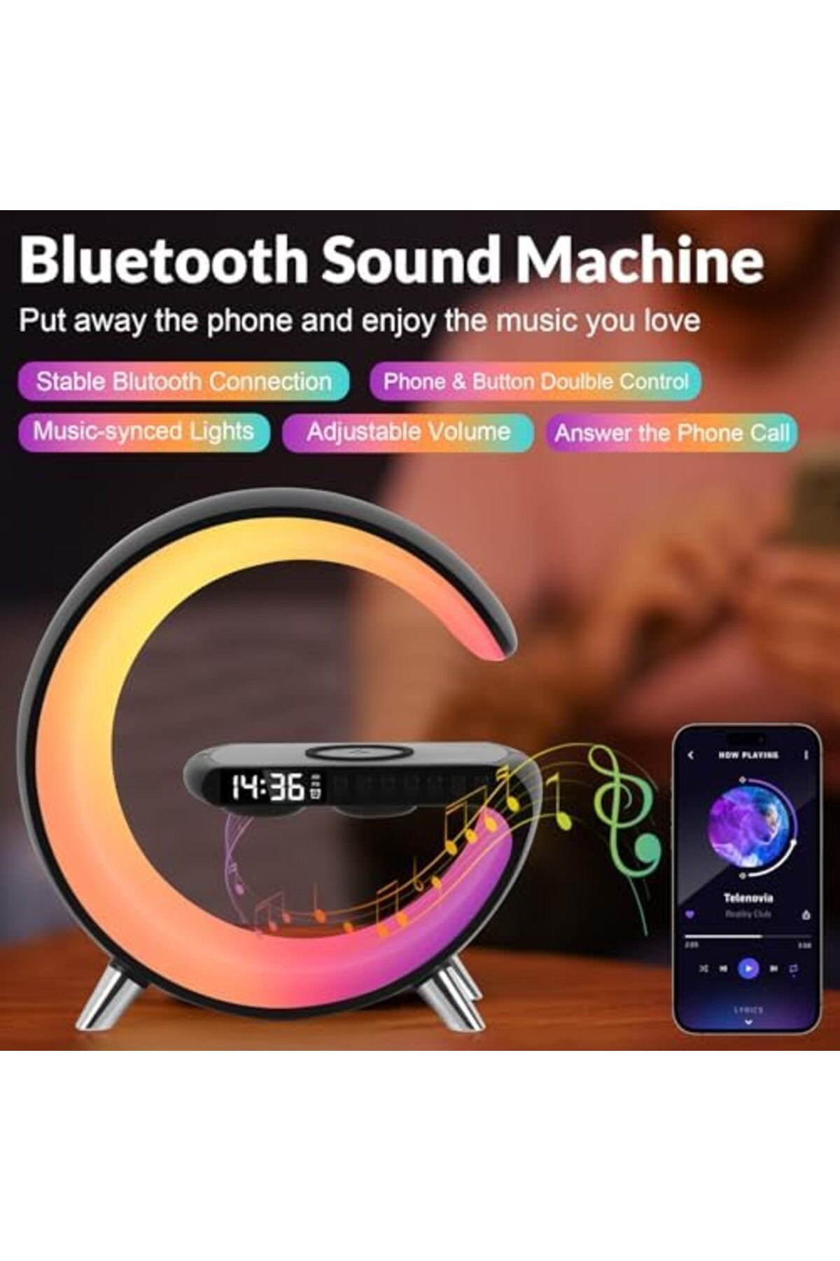 SUKILO-Wireless Charging Night Light with Bluetooth Speaker, Smart 6-in-1 Table Lamp with Alarm Cloc 8