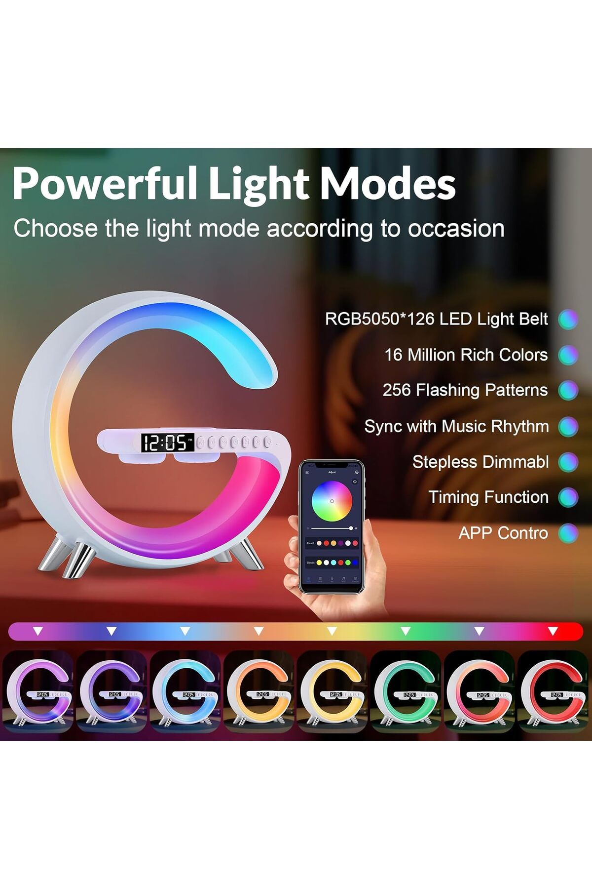 SUKILO-Wireless Charging Night Light with Bluetooth Speaker, Smart 6-in-1 Table Lamp with Alarm Cloc 5