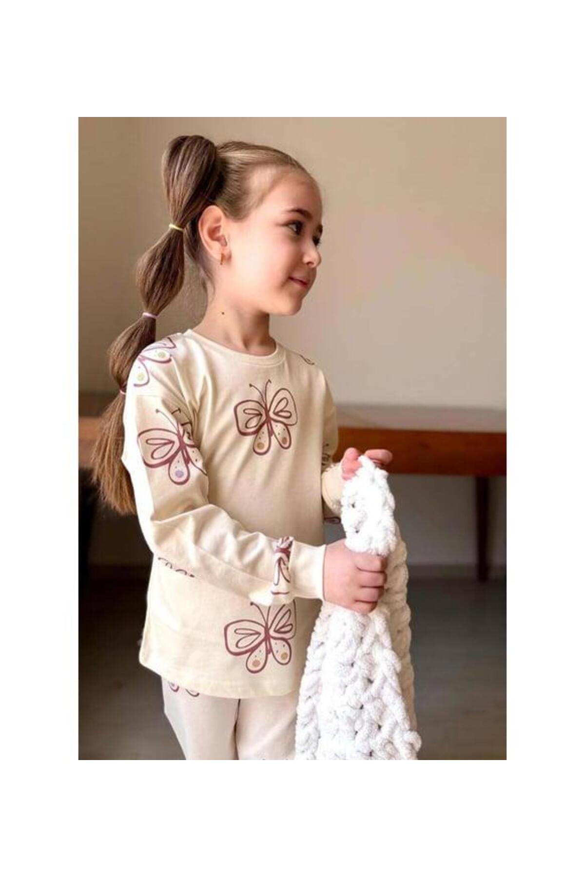 RAPAPA Kız Çocuk Uzun Kollu Bilekleri Manşetli Kelebek Desenli Krem Pijama Takımı 3213 fotoğrafı 3 (önizleme)