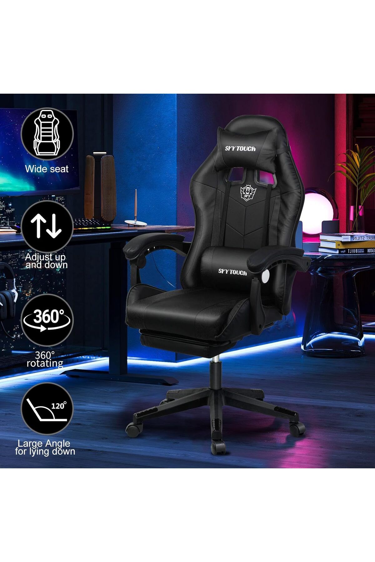 SKY TOUCH-SKY-TOUCH Computer Gaming Chair, Adjustable Height Desk Chair with Rest Foot Rest, Ergonomic Leather 7