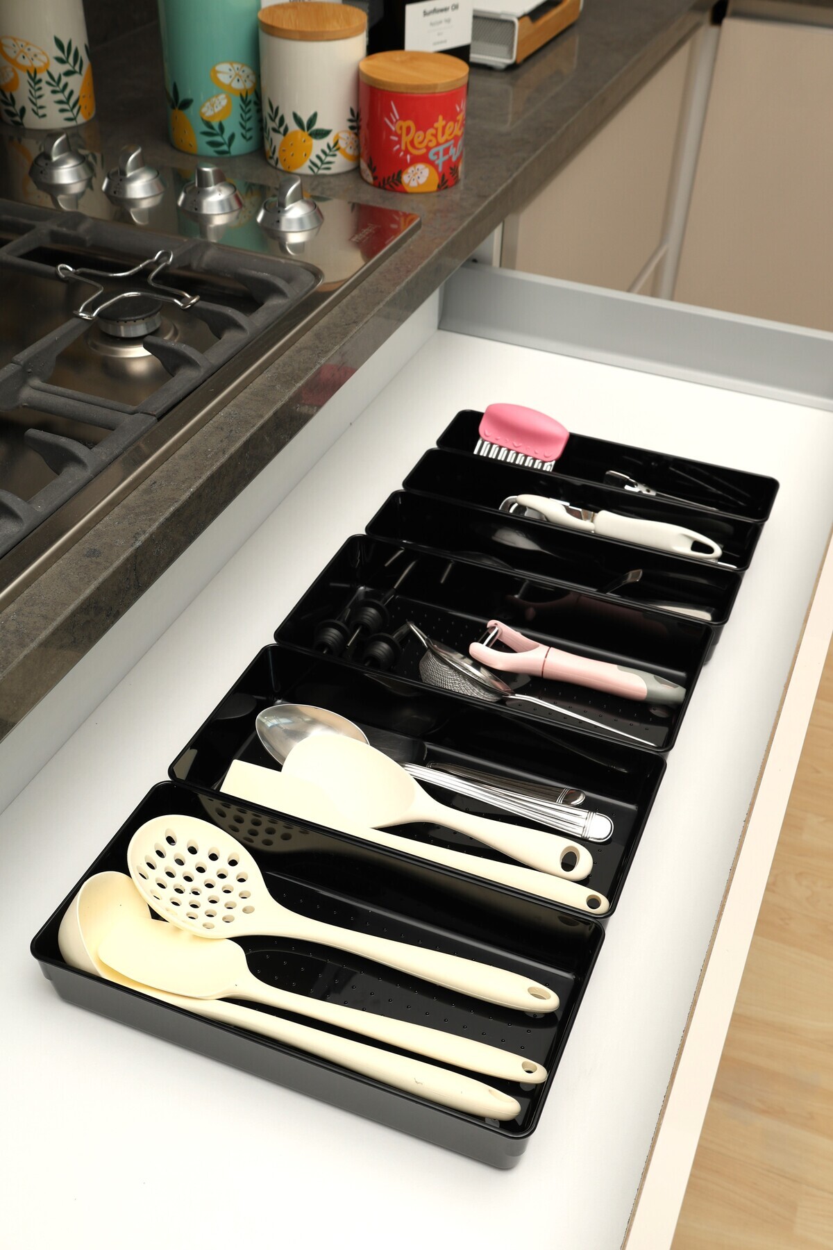color house Parlak Siyah (Piano Black) 6'lı Set Modüler Çekmece İçi Kaşıklık Organizer Düzenleyici