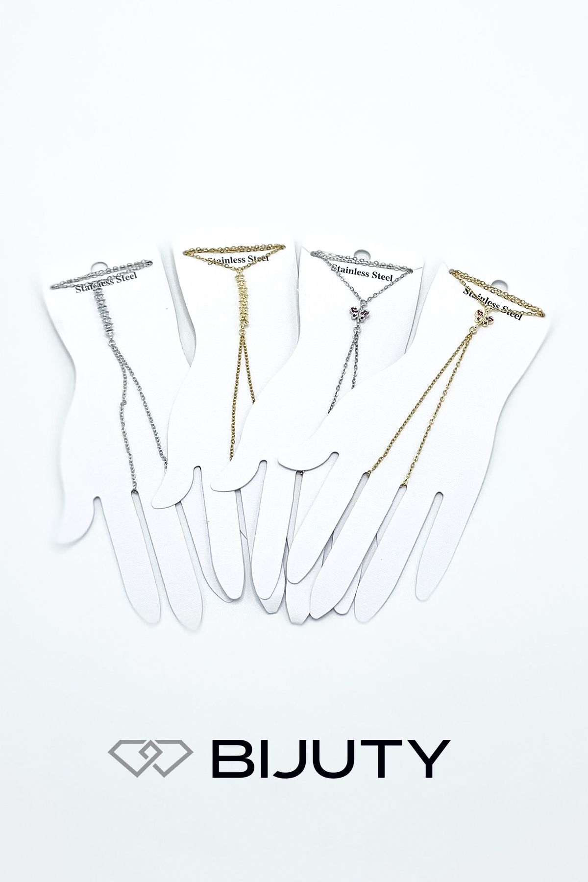 Bijuty-Row Stone Model and Butterfly Model Steel Şahmeran Gold and Silver Color Set of 4 1
