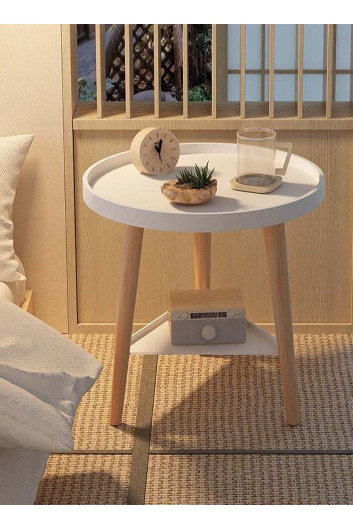 Generic-Simple small round table double layer storage bedside coffee table home side table 5