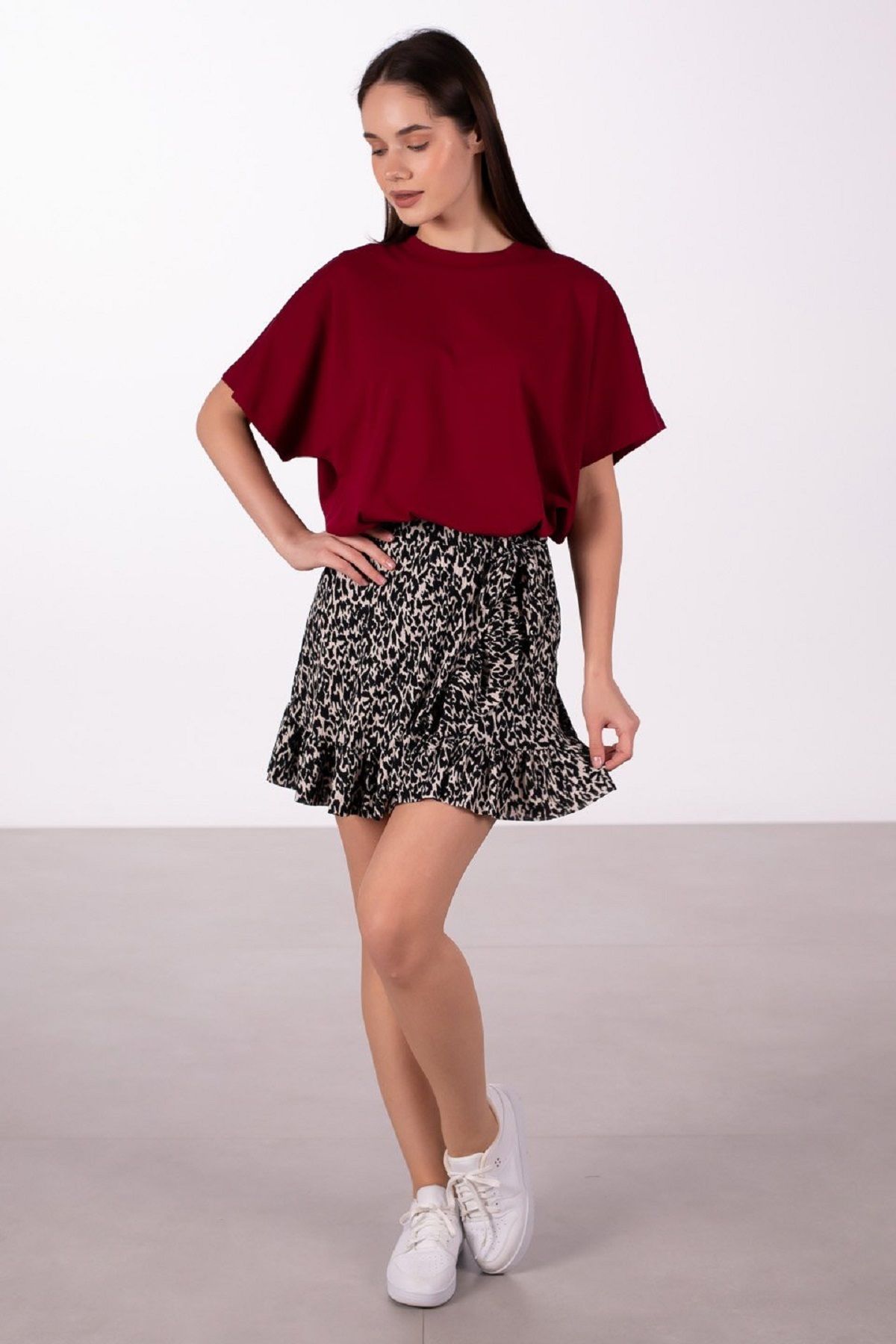 OIL PARK-Leopard Patterned Side Ruffle Lycra Wrap Mini Skirt with Elastic Waist and Tie Detail 1