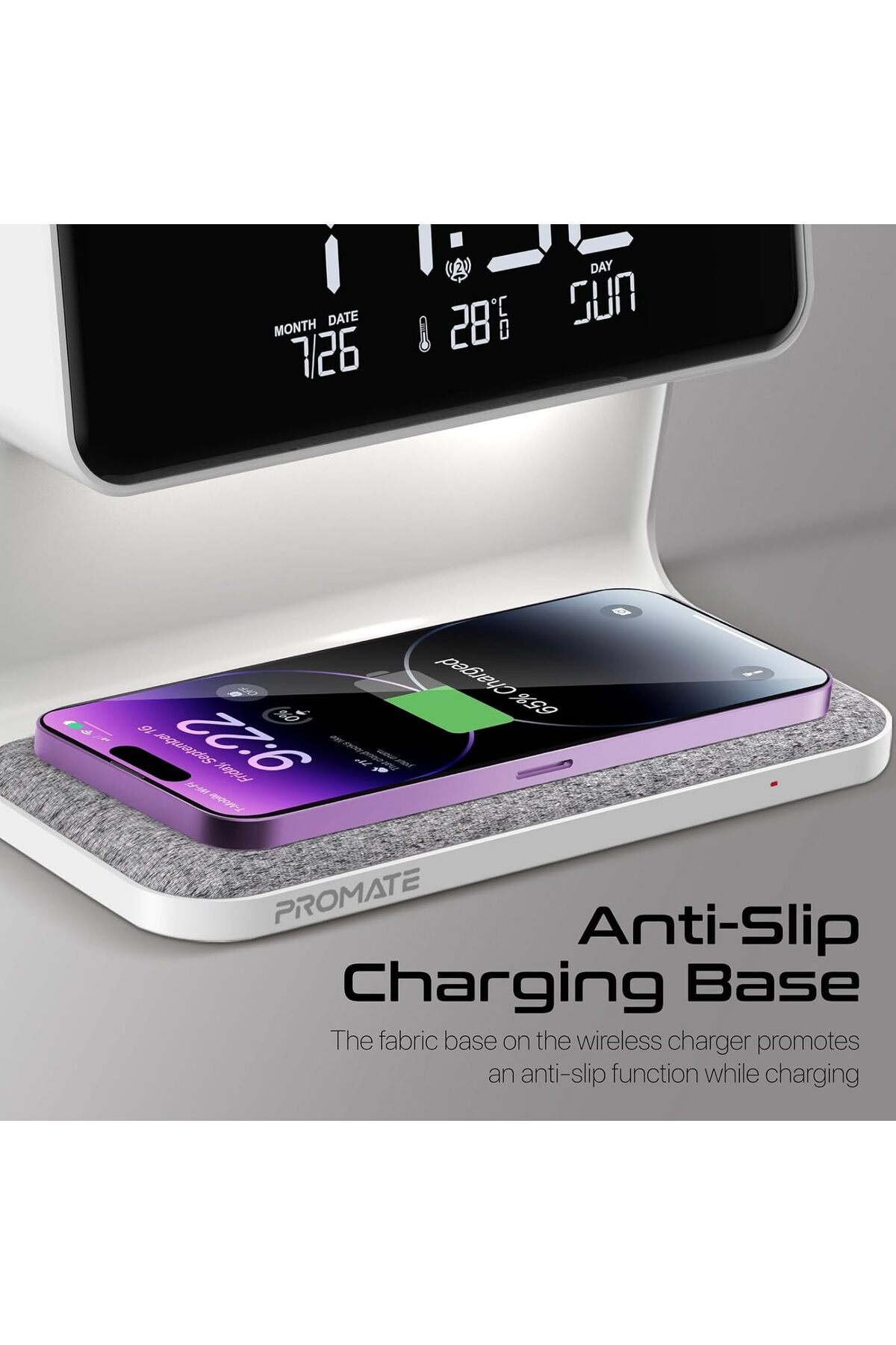 Promate-Wireless Charging Alarm Clock, Premium Digital Display Dual Alarm Clock with Snooze Function 4