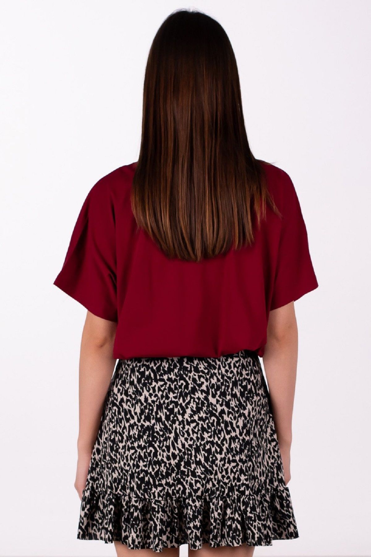 OIL PARK-Leopard Patterned Side Ruffle Lycra Wrap Mini Skirt with Elastic Waist and Tie Detail 4