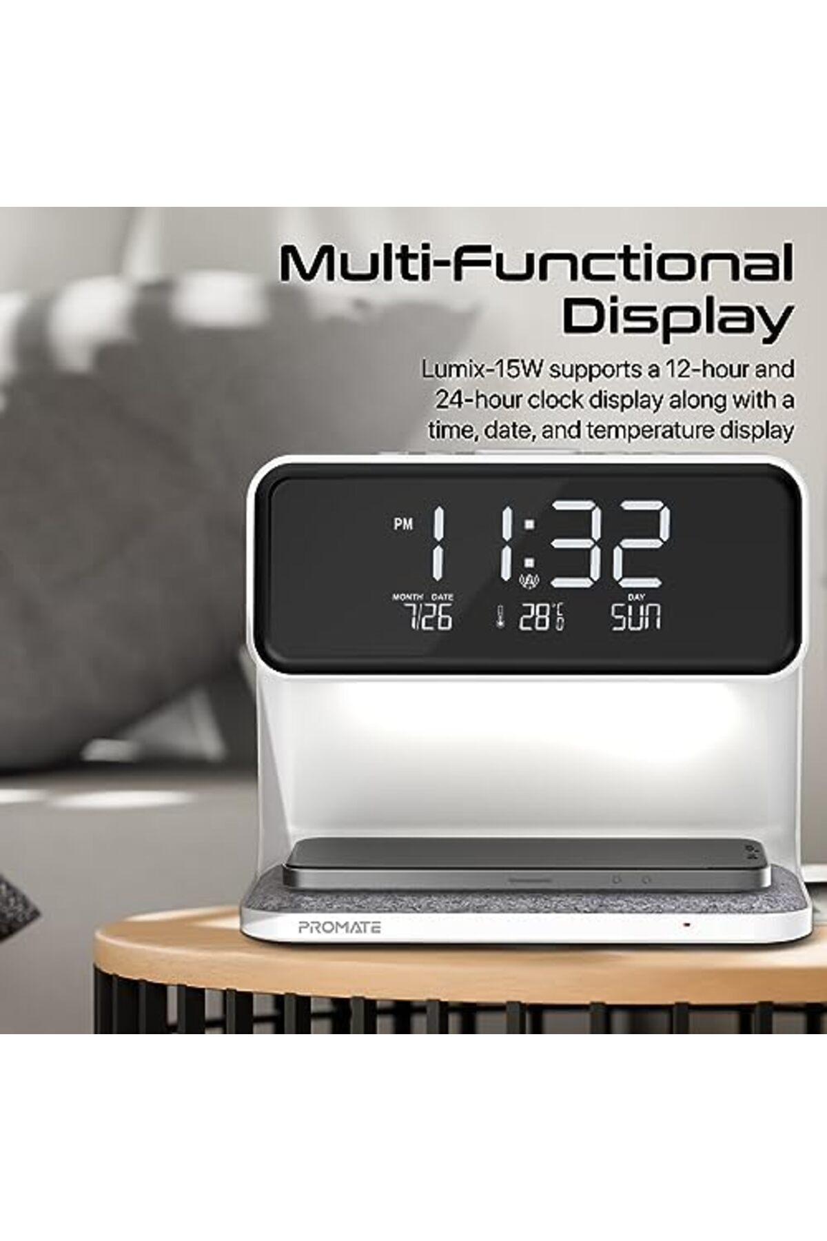 Promate-Wireless Charging Alarm Clock, Premium Digital Display Dual Alarm Clock with Snooze Function 8