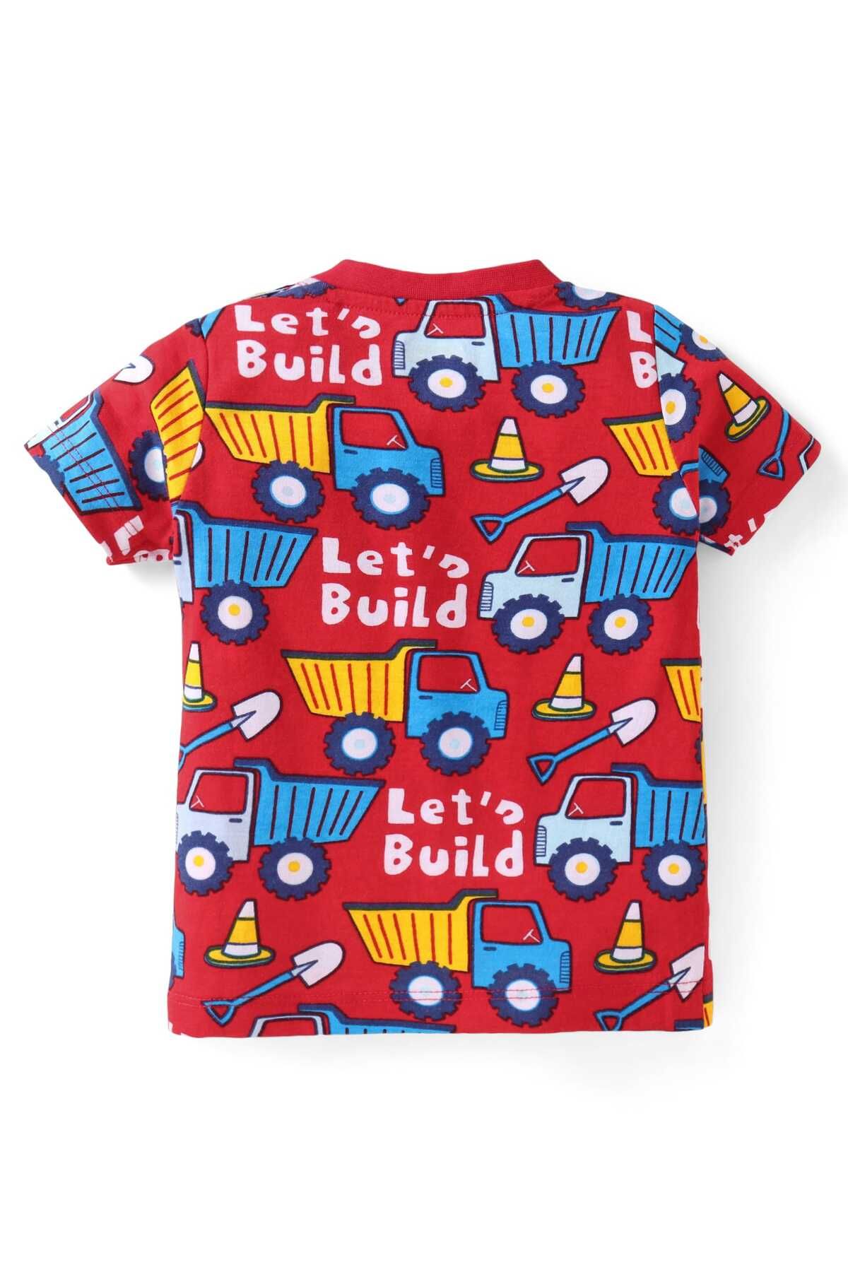 Babyhug-Pyjama Set with Construction Vehicle Print - Red 3