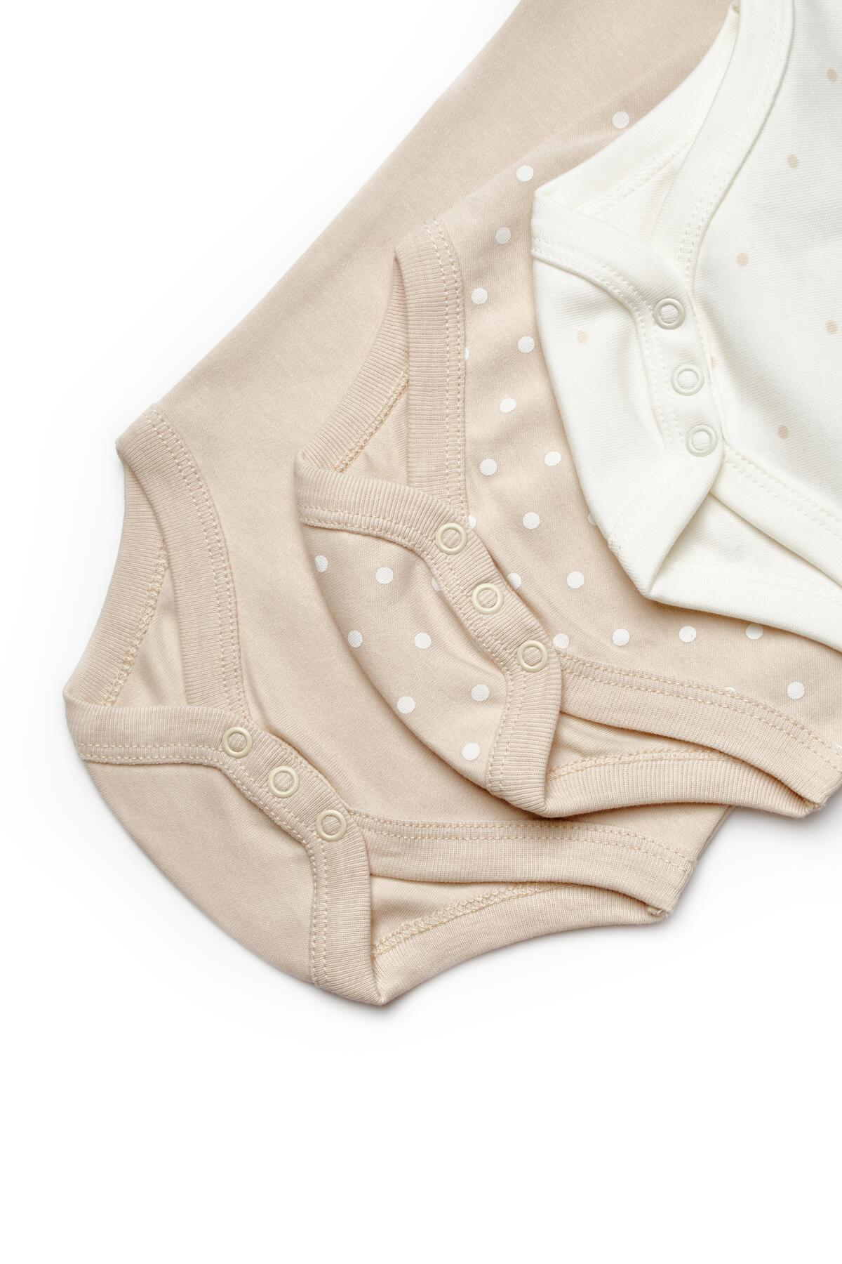 Magu Unisex Bebek Pamuklu Bej Ekru 3'lü Baskılı Çıtçıtlı Body Seti - Kısa Kollu fotoğrafı 5 (önizleme)