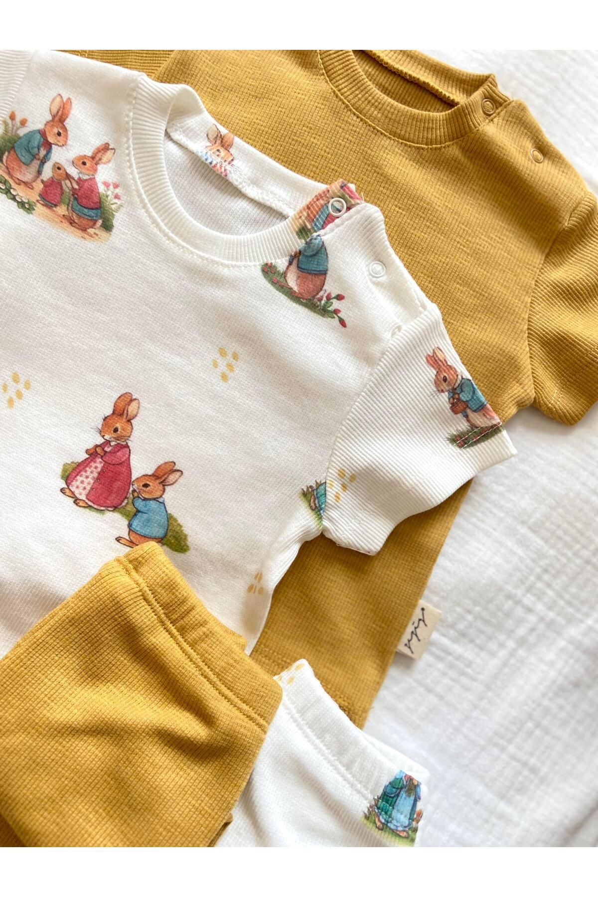 Zezig-Rabbit Family Pattern and Mustard Color 2 Pieces Camisole Bottom-Top Set 100% Cotton 5