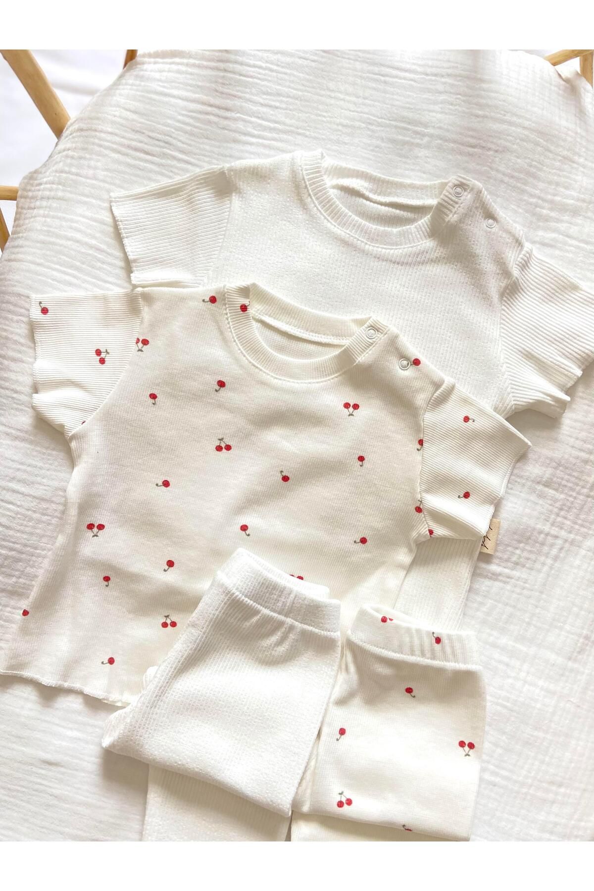 Zezig-Cherry Pattern and Glitter White Color 2 Pieces Camisole Bottom-Top Set 100% Cotton 5
