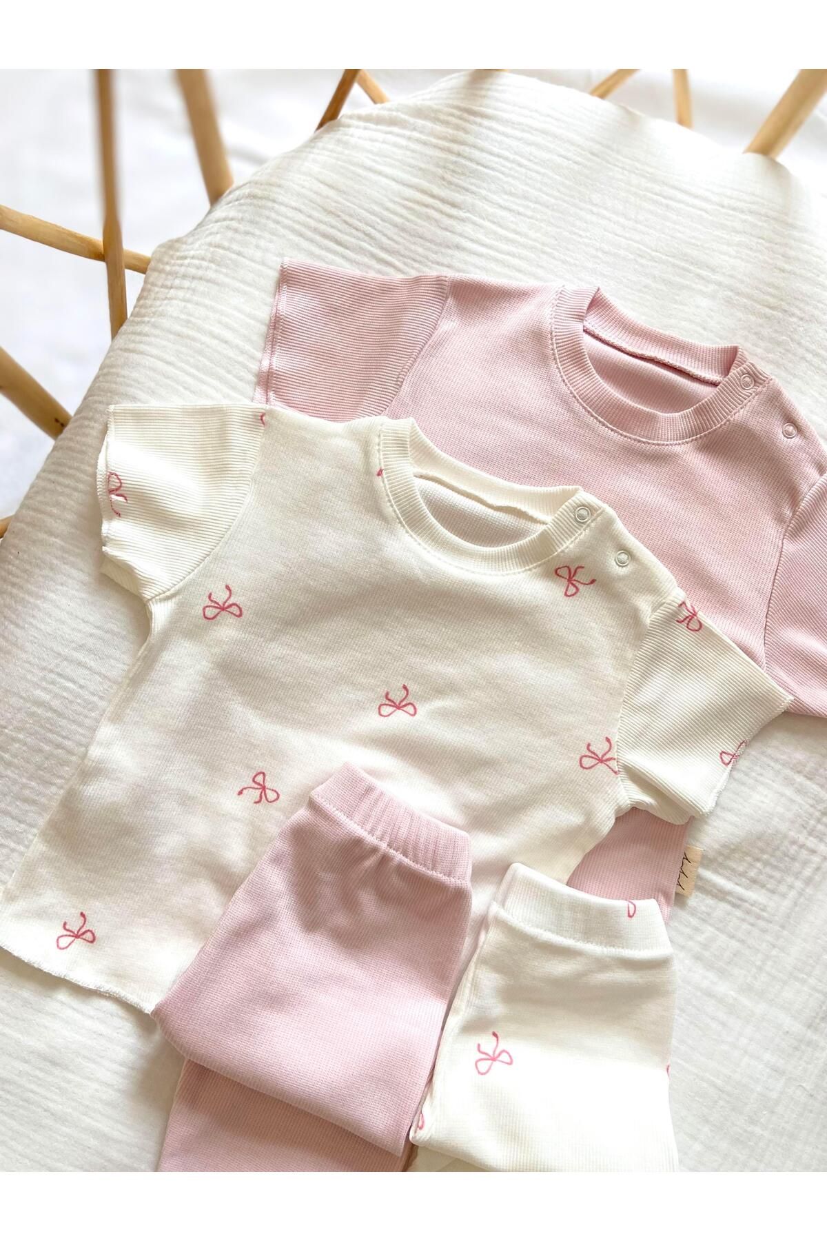 Zezig-Bow Pattern and Pink Color 2 Pieces Camisole Bottom-Top Set 100% Cotton 6