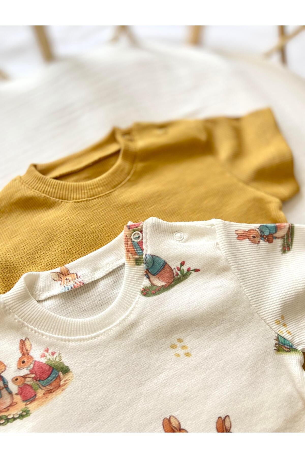 Zezig-Rabbit Family Pattern and Mustard Color 2 Pieces Camisole Bottom-Top Set 100% Cotton 3